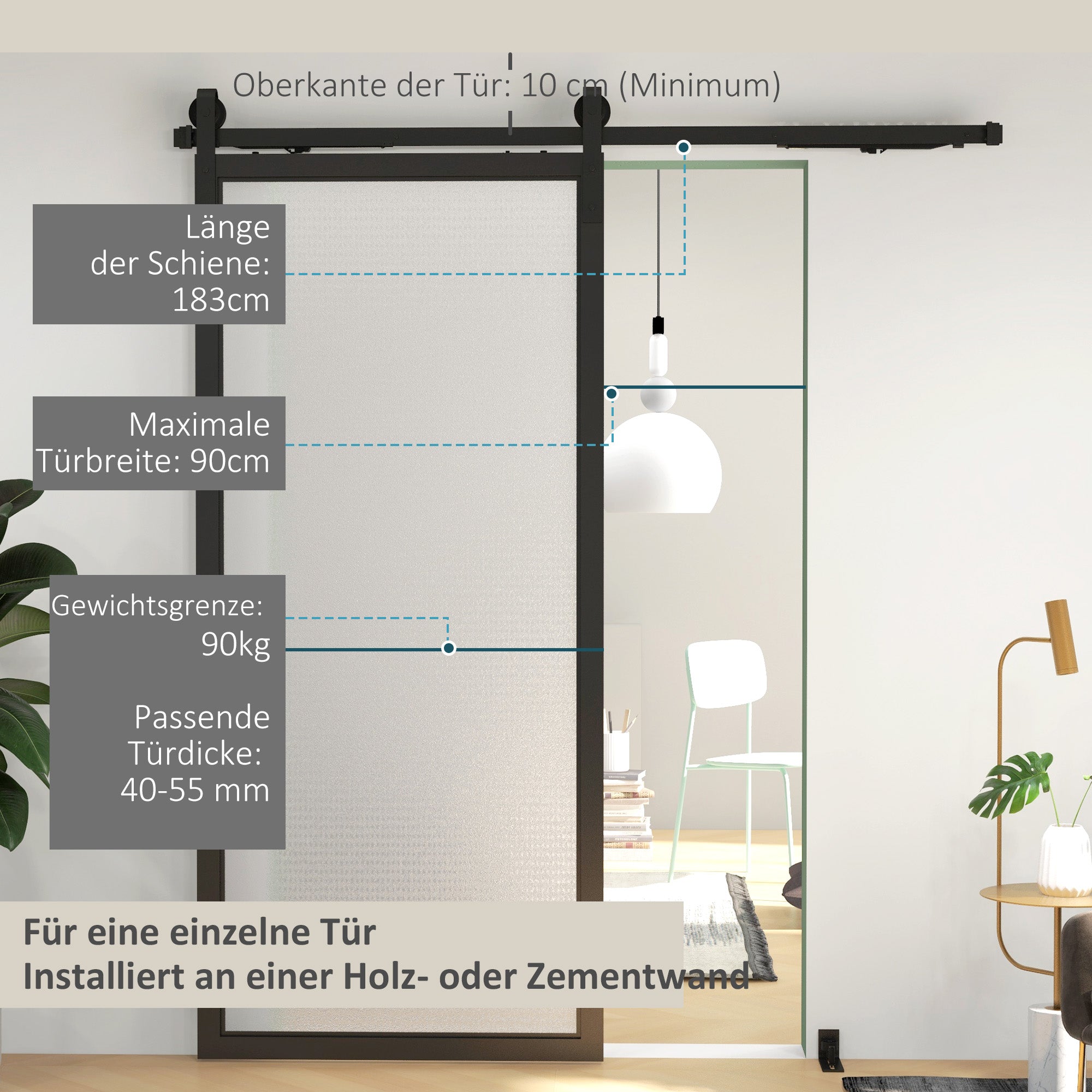 HOMCOM Schiebetür-Bausatz, leise & leichtgängig, für Holz- & Zementwände, 183cm, Stahl, Schwarz