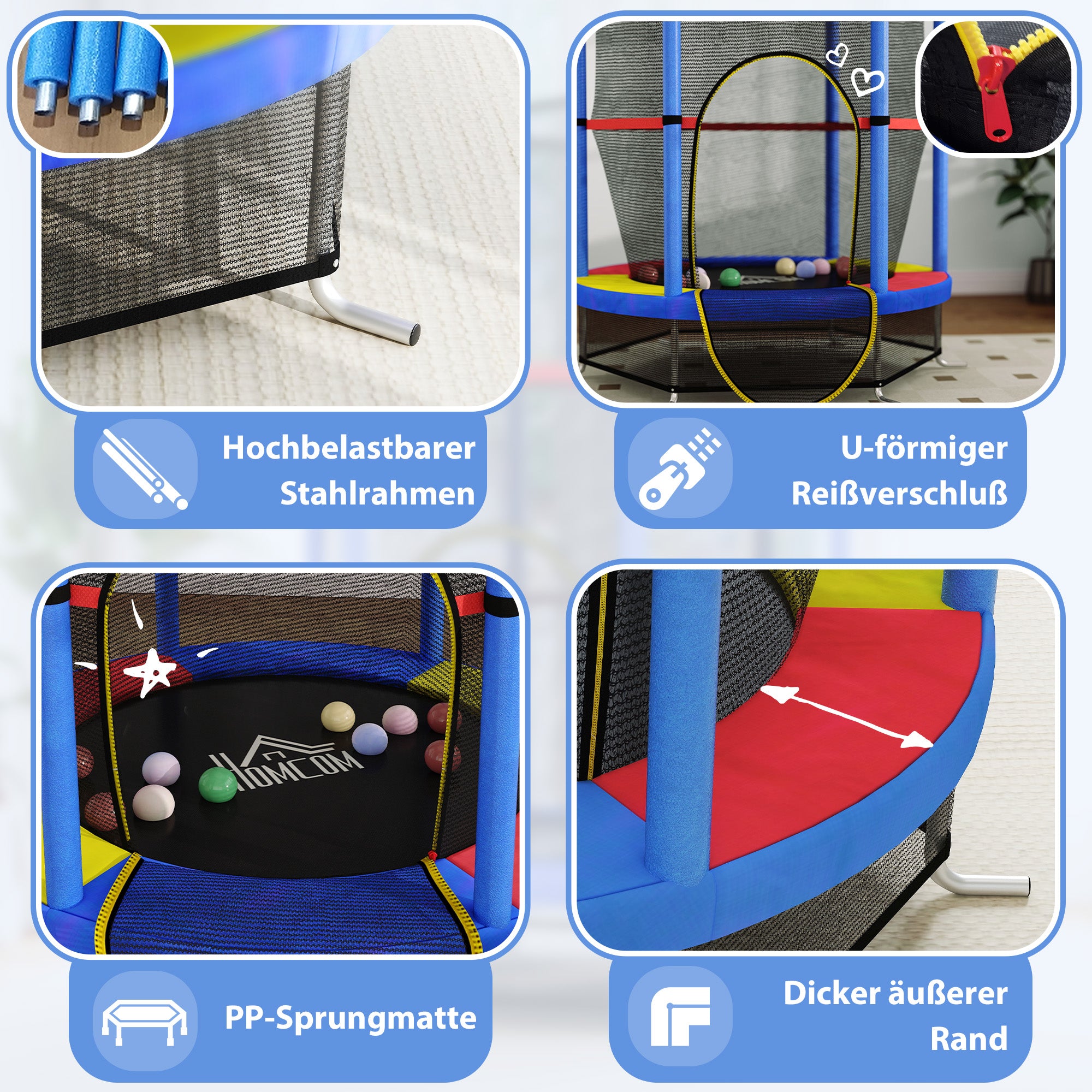 HOMCOM Kindertrampolin, Sicherheitsnetz, Gummifederung, bis 45 kg, Stahlgestell, Ø140x160cm, Bunt