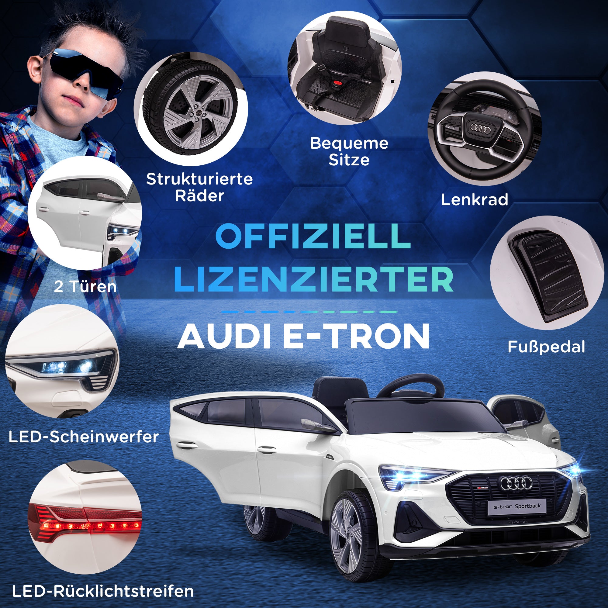 HOMCOM Elektro Kinderauto 12V Elektrofahrzeug Audi E-tron Elektroauto mit Fernbedienung, Sicherheitsgurt, Musik (MP3/USB/TF), Kinderfahrzeug für Kinder 3-5 Jahre, 3-5 km/h, Weiß