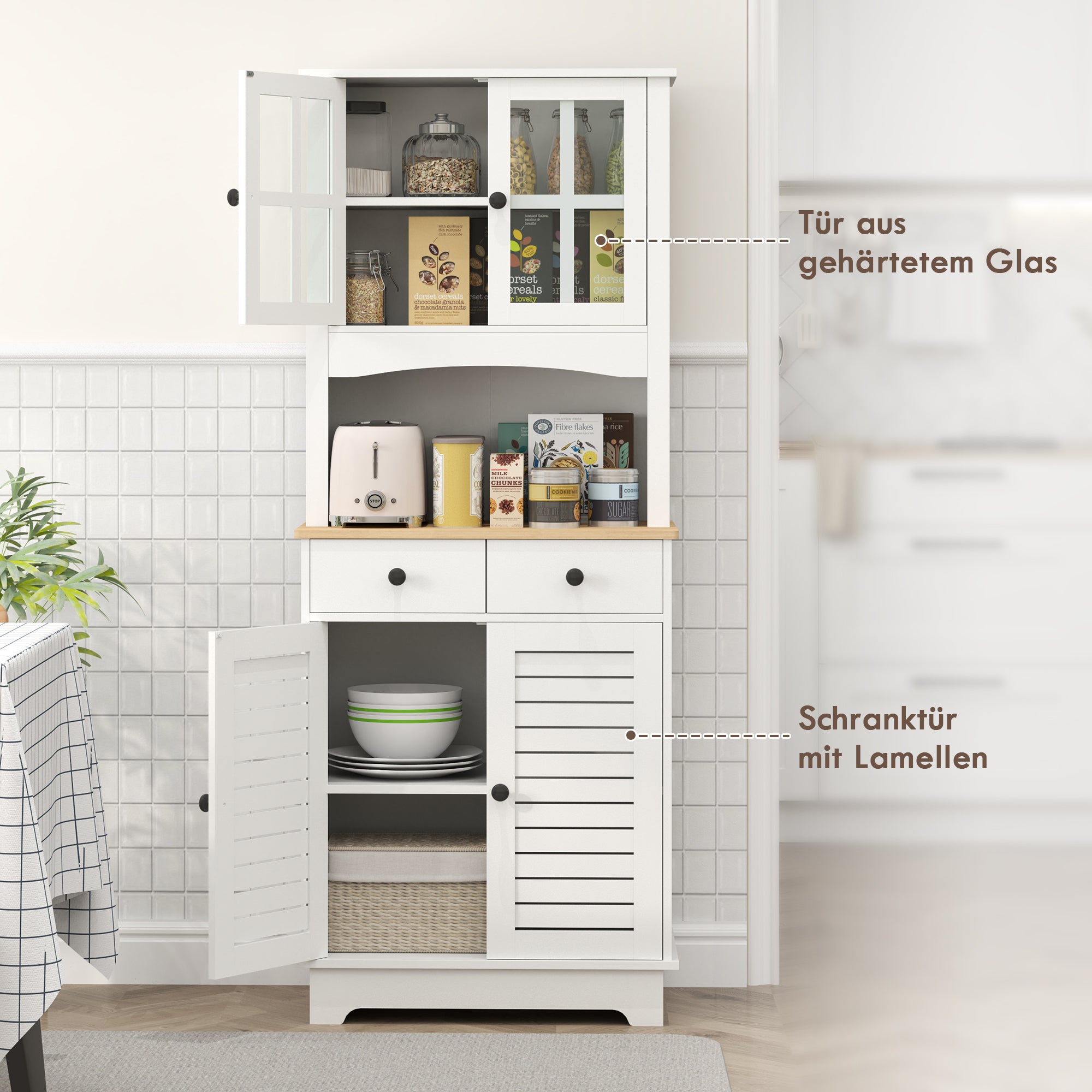 HOMCOM Küchenschrank mit Glastüren, 2 Schubladen, Geschirrschrank, Esszimmerschrank, Holz, 68 x 39,5 x 170 cm, Weiß