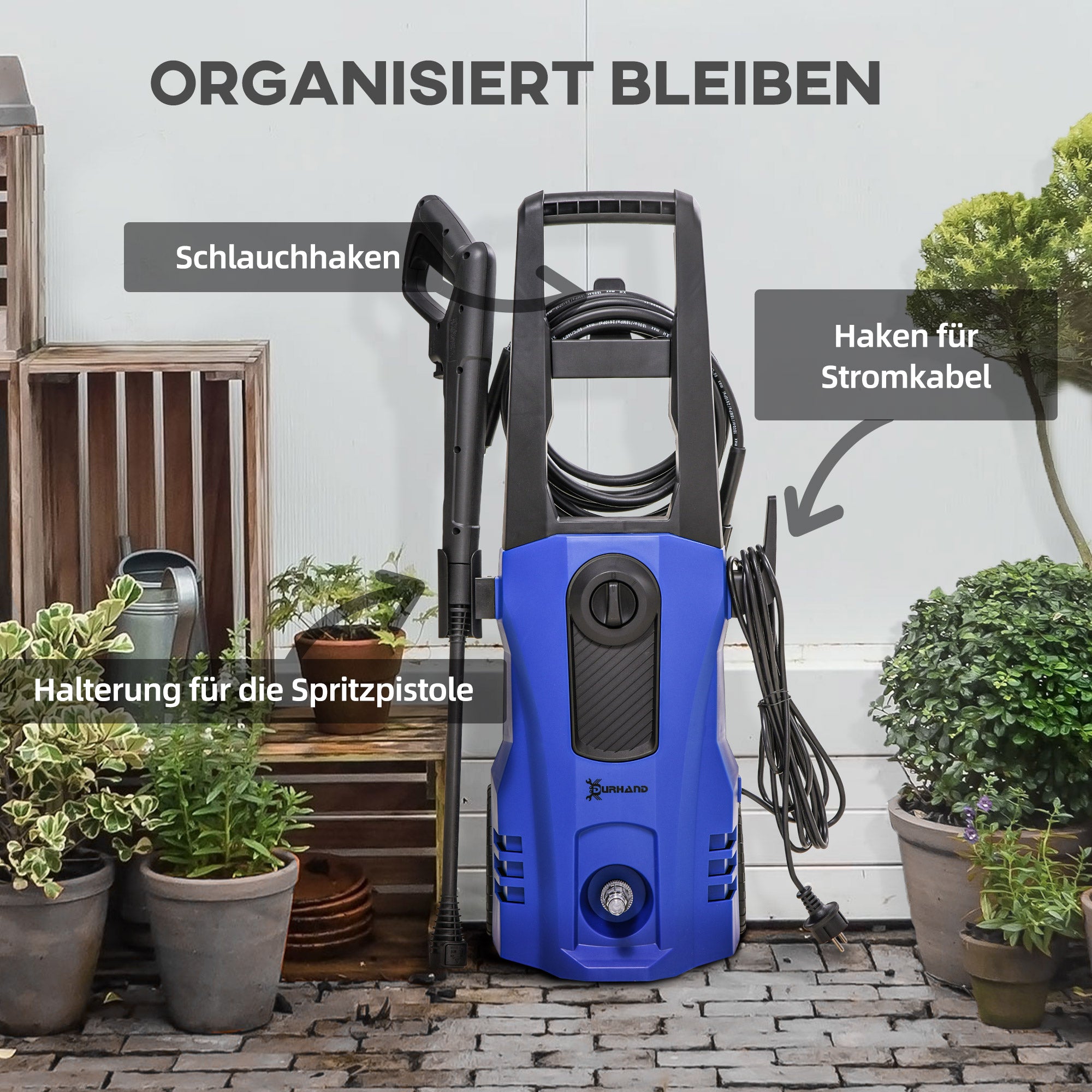 DURHAND Hochdruckreiniger Druckreiniger 5-tlg. Zubehör, verstellbare Spritzdüse, 150 bar Druck, 1800 W, max. 510 l/h, 35x27x78cm