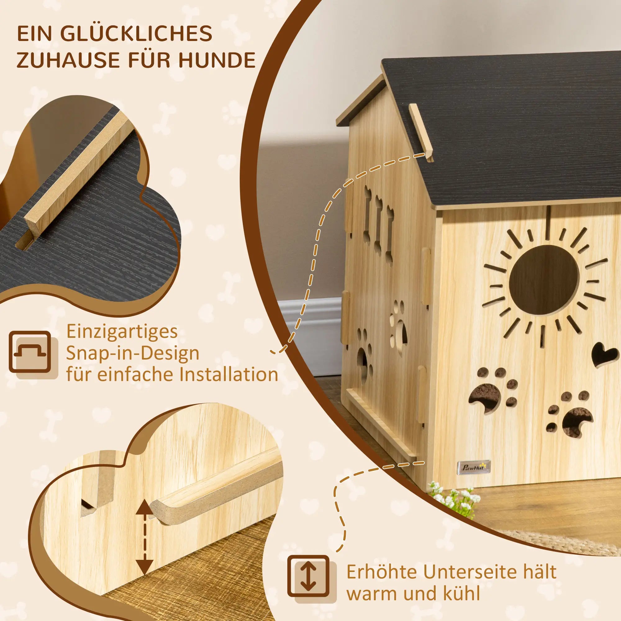 PawHut Hundehütte, mit Lüftungsöffnungen, wetterfest, Holzmaterial, Schwarz+Holzfarbe, 69 x 50 x 58,5 cm