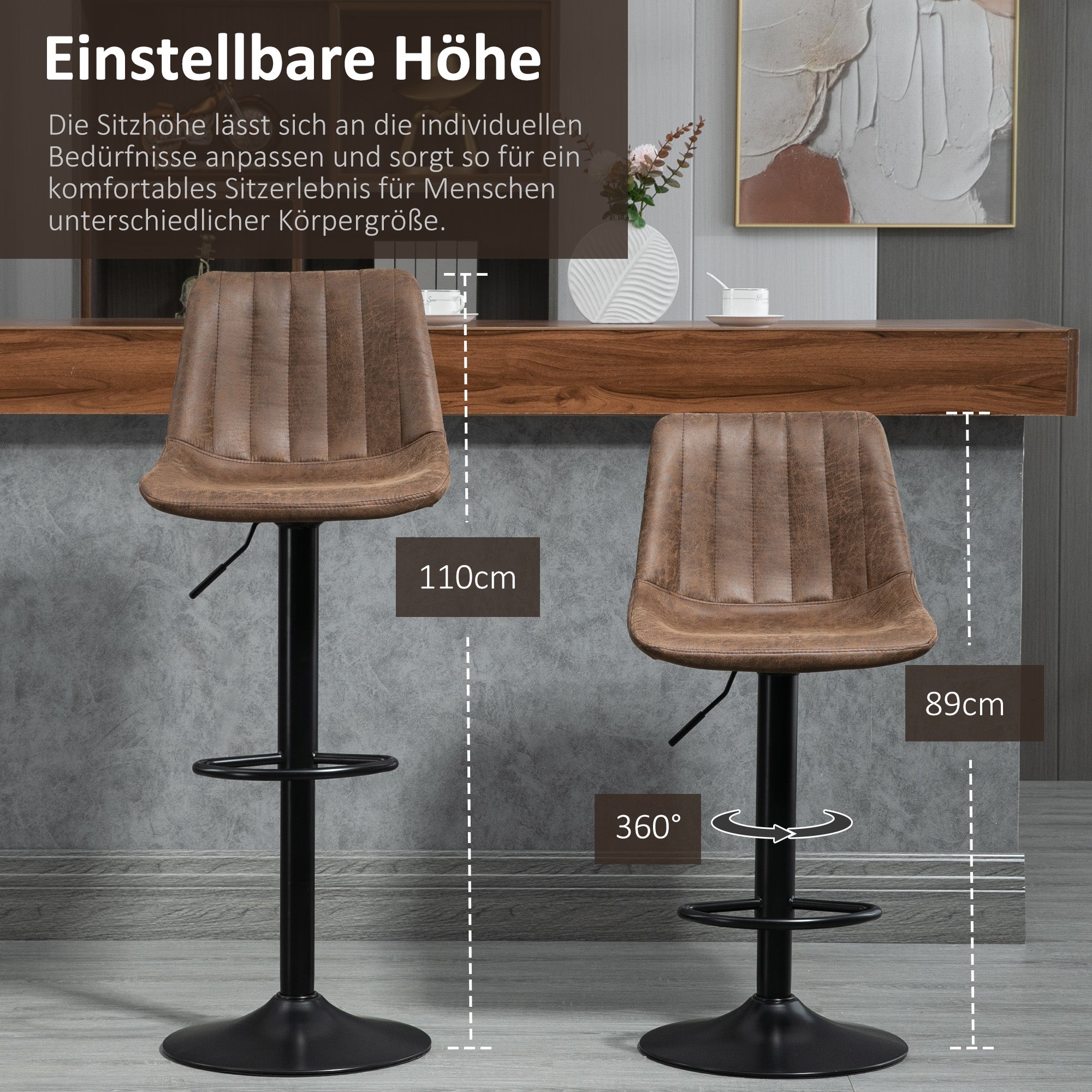 HOMCOM 2er-Set Barhocker im Retrodesign, inkl. Fußstütze, höhenverstellbar, Gaslift, Braun + Schwarz