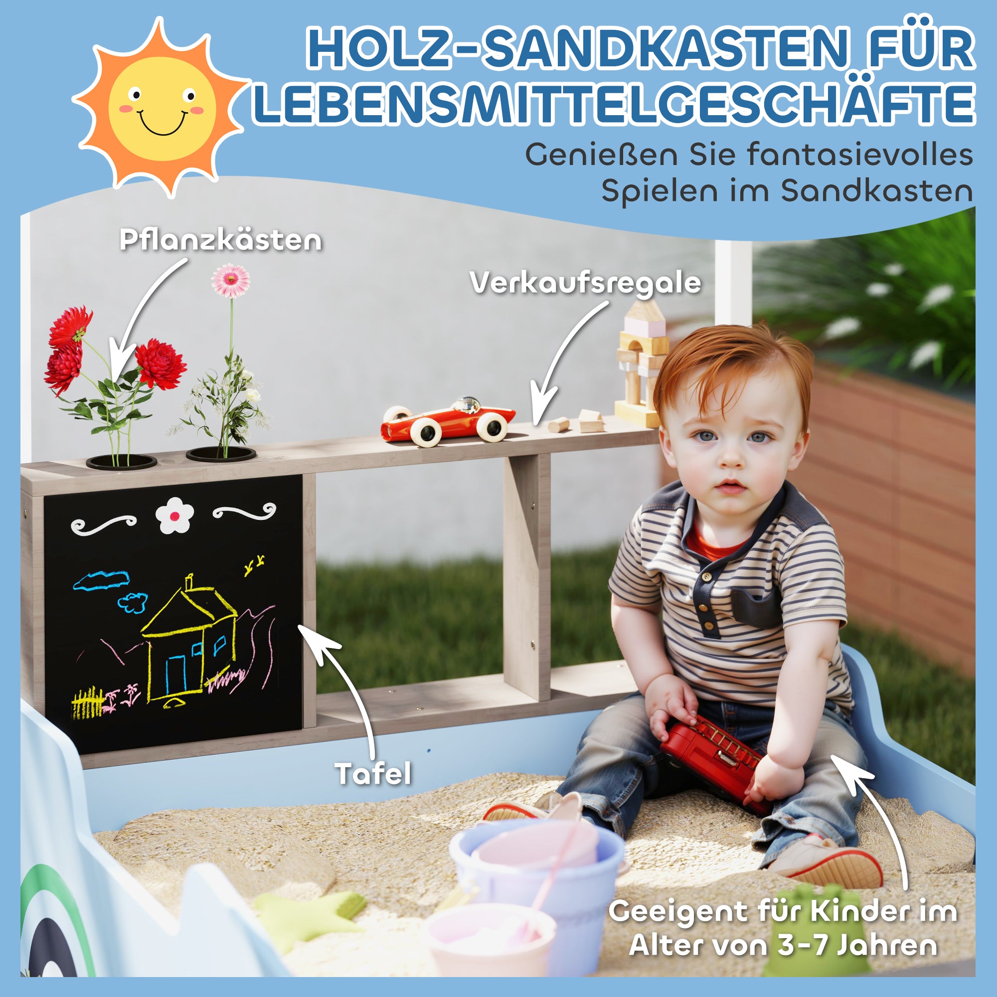 AIYAPLAY Sandkasten mit Vordach, Einkaufsladen-Design, Sitzbank, Zeichentafel, Tannenholz, 104H x 108L x 90B cm, Blau