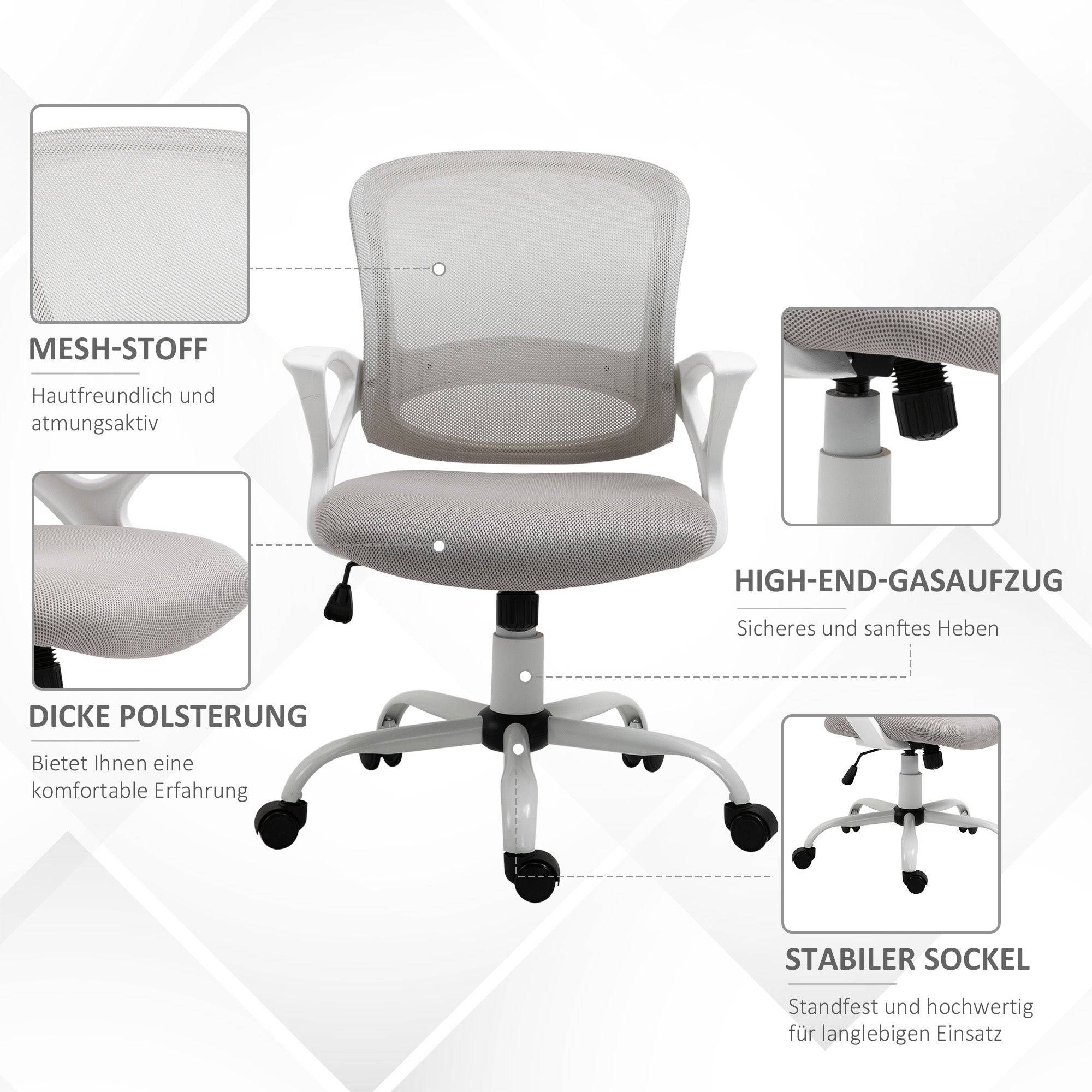 Vinsetto Bürostuhl, Schreibtischstuhl mit Rollen, ergonomisch, höhenverstellbar, Grau
