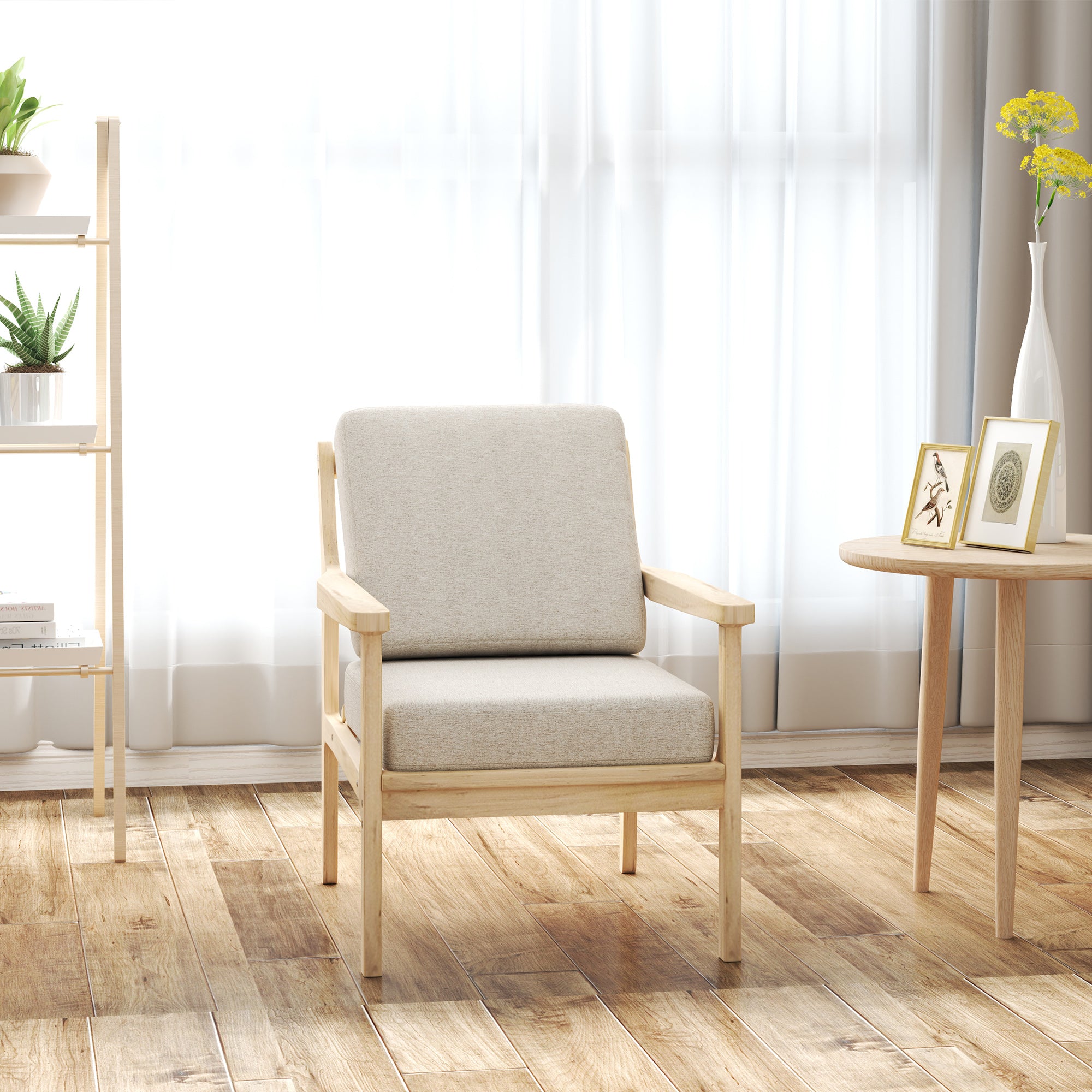 HOMCOM Polsterstuhl mit Armlehnen, solidem Holzrahmen und abnehmbaren Kissen, für Wohnzimmer, Schlafzimmer, Beige