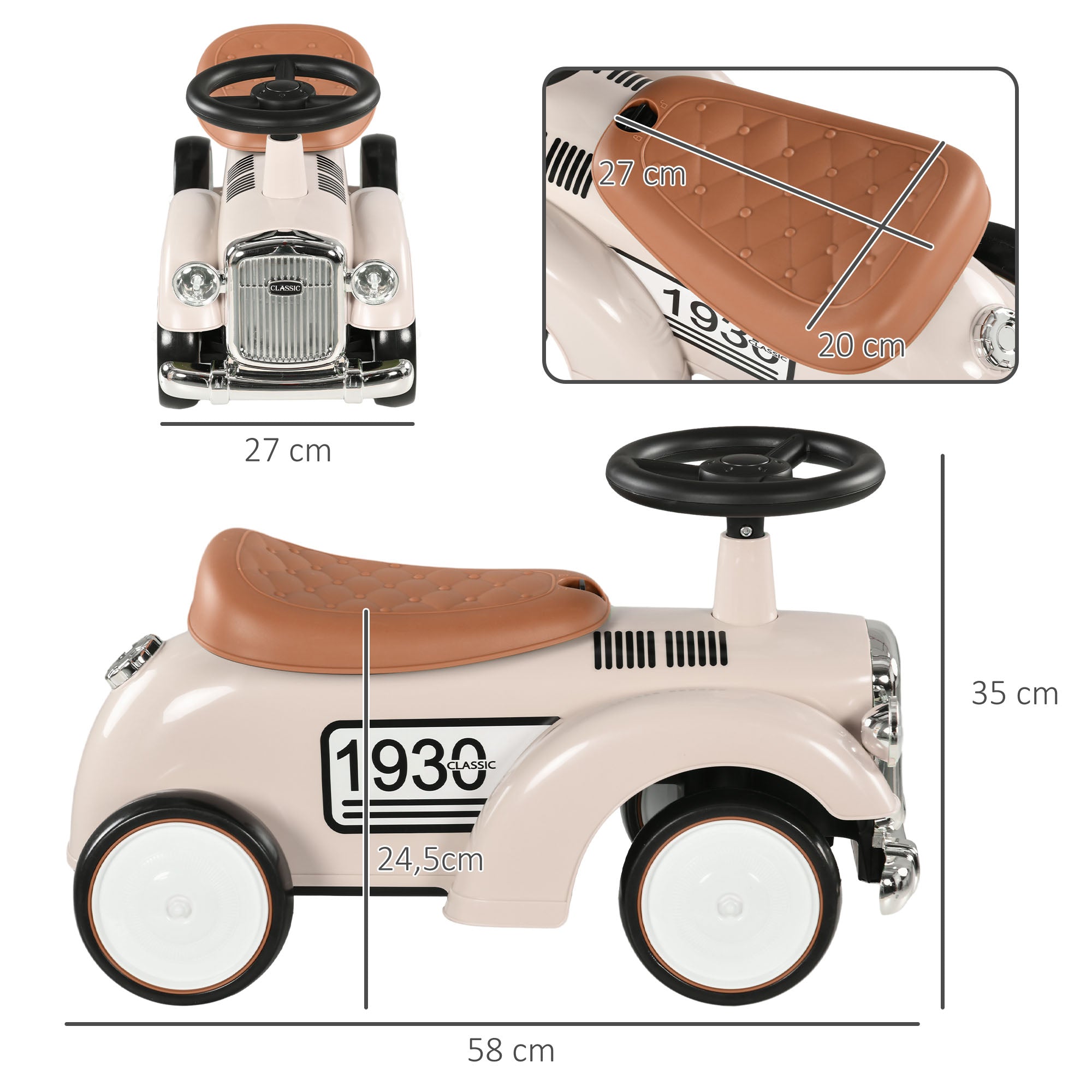 AIYAPLAY Kinder Rutschauto, Vintage-Design, versteckter Stauraum, Kippschutz, Hupe, 12-36 Monate, Cremeweiß