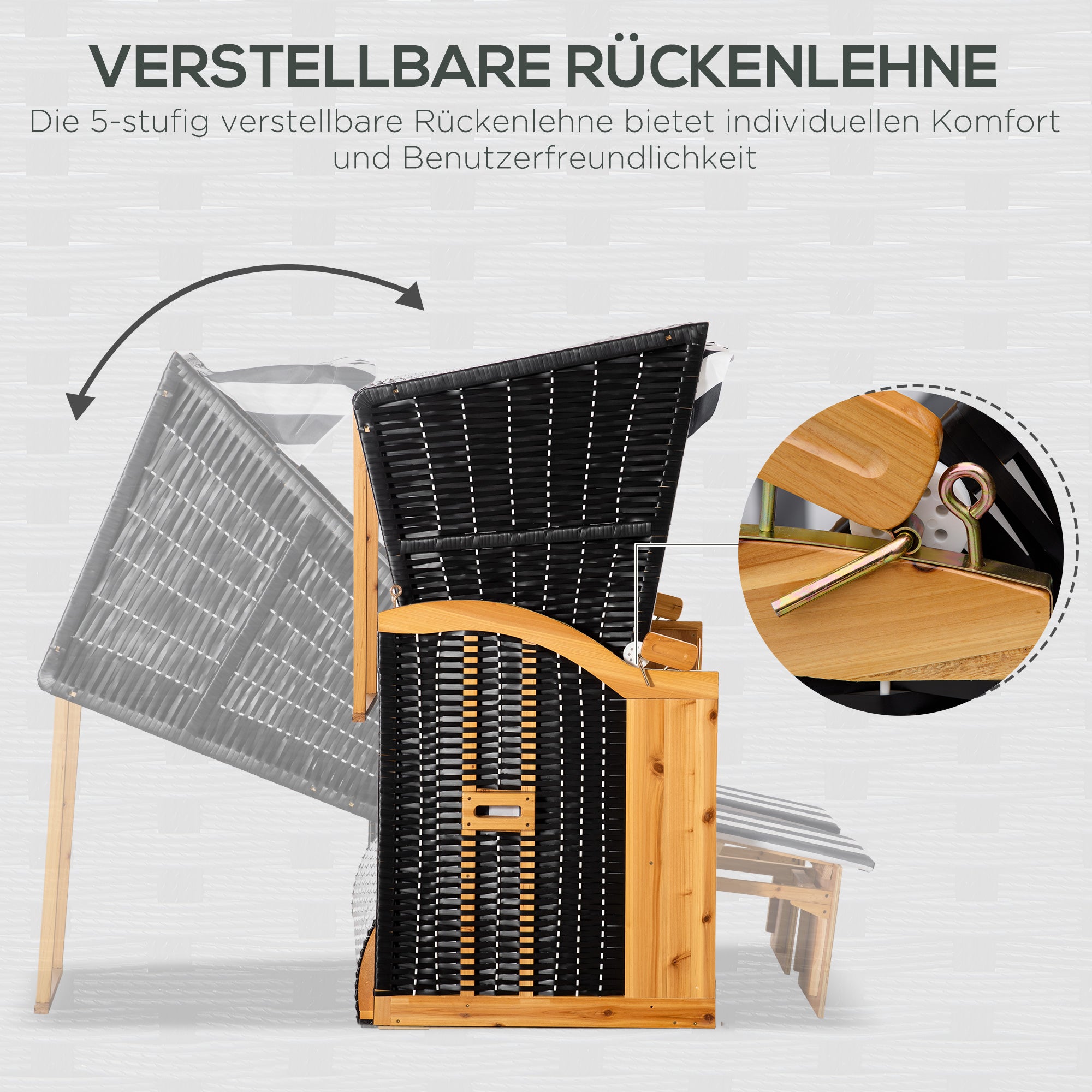 Outsunny Strandkorb mit Fußstützen, Klapptisch und Nackenrollen, Outdoormöbel, Natur + Grau + Weiß