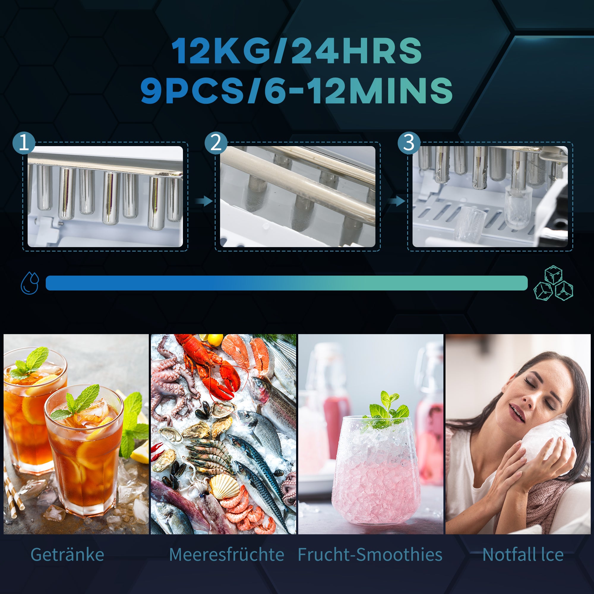 HOMCOM Eiswürfelmaschine Eiswürfelspender, Ice-Maker, 12kg/Tag, 9 Stück/ 6-12Minuten, Silber