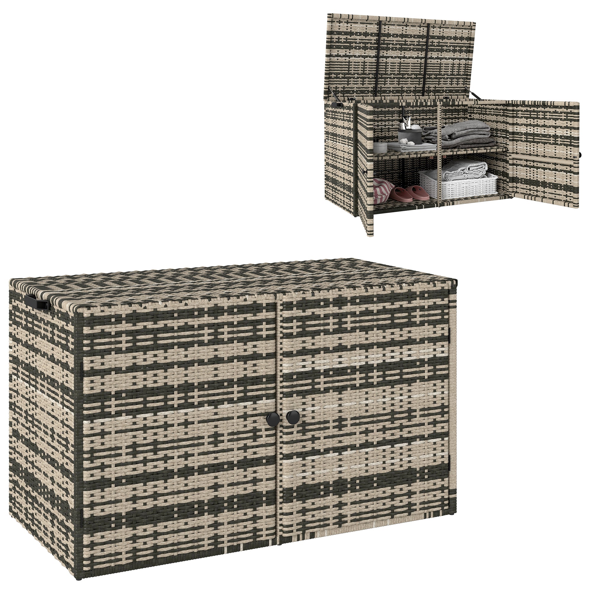 Outsunny Rattan Auflagenbox 350L 2-Ebenne Kissenbox mit Deckel Hebestangen Tragegriffe 118 x 57 x 69 cm Mischgrau