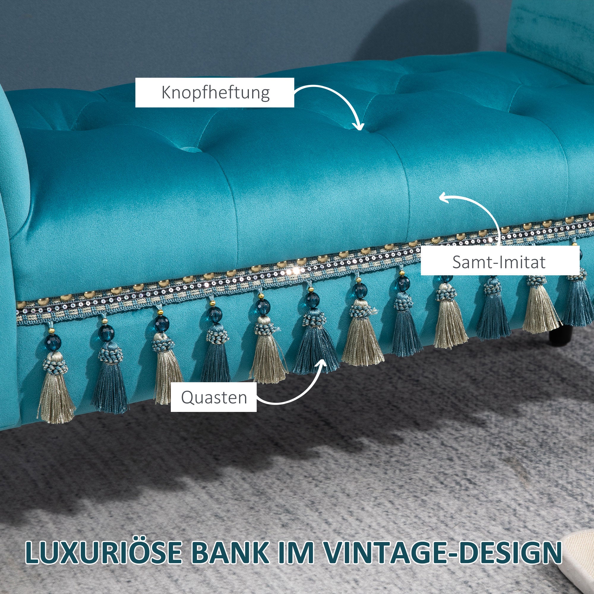 HOMCOM Sitzbank Polsterbank, Samtoptik, Luxus Bettbank mit Holzbeine, Flurbank für Schlafzimmer, bis 150 kg Belastbar, Blau, 117 x 40 x 58 cm