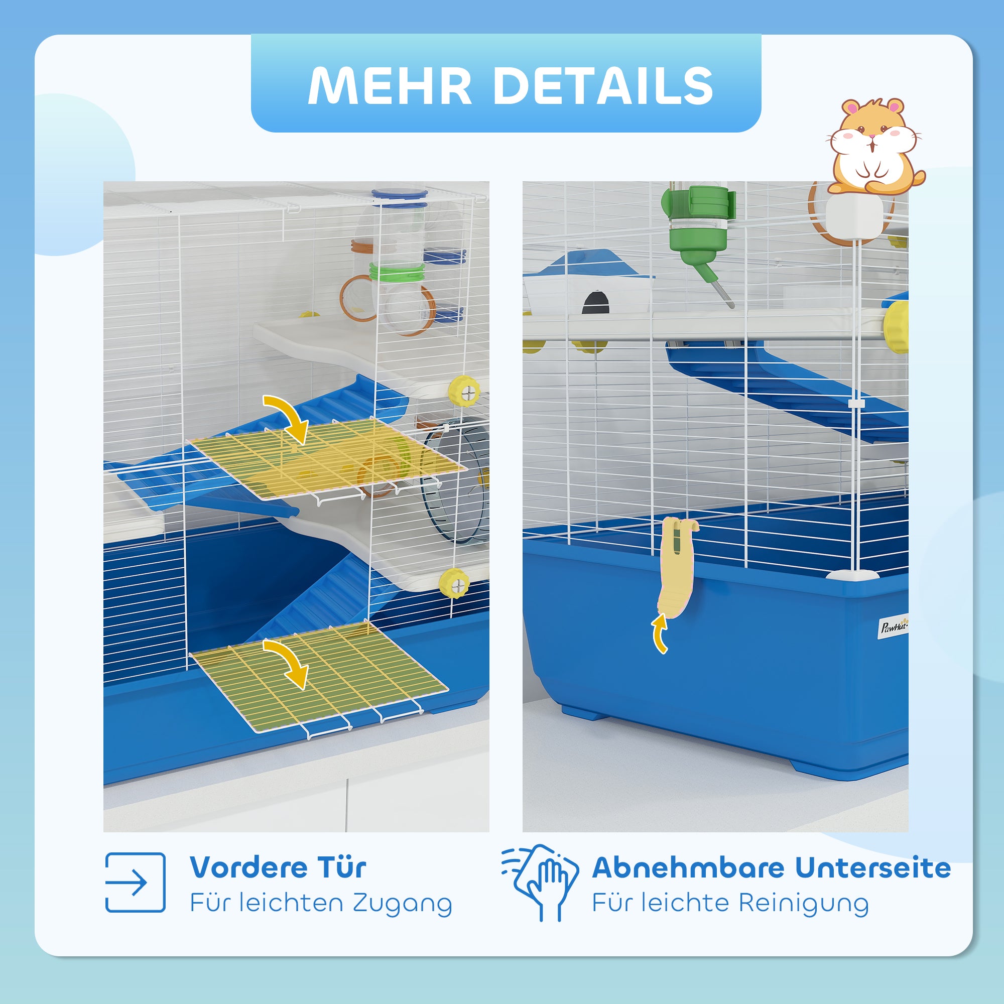 PawHut Hamsterkäfig mit 4 Ebenen, Kleintierkäfig mit Tunnelsystem, Hütte, Laufrad, für Zwerghamster, 78 x 45 x 73 cm, Blau