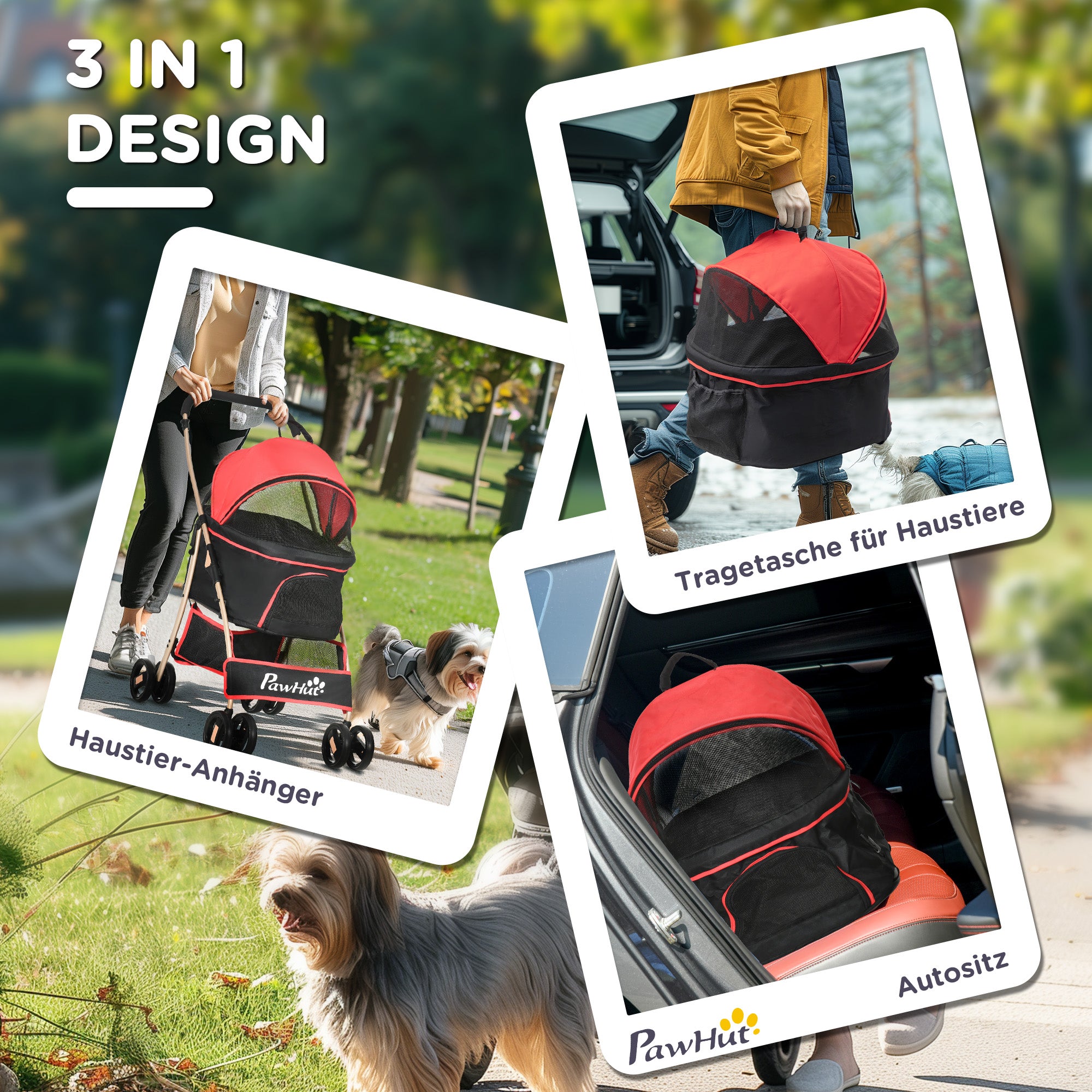 PawHut 2-in-1 Hundebuggy Tragtasche Autositz bis 10kg klappbar Bodenkorb 82 cm x 49,5 cm x 98 cm Rot