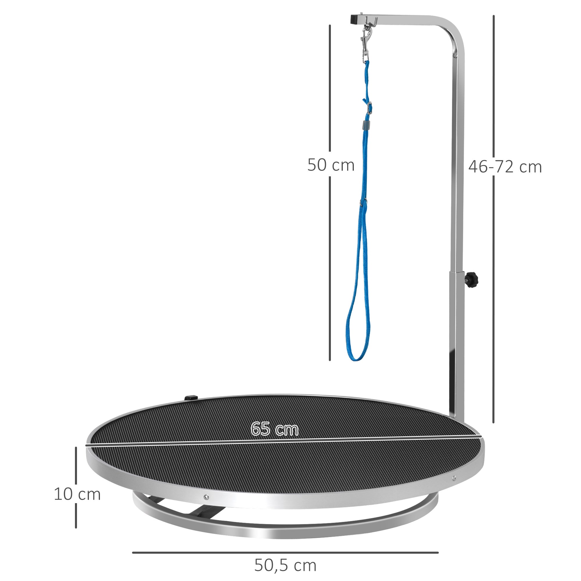 PawHut Hund Trimmtisch Tierpflegetisch drehbar trocknen Tabelle mit verstellbaren Arm rutschfeste Tischplatte Verriegelungssystem Aluminium-Legierung Rand Edelstahl Rahmen Sicherheit Leine Ø65x H10