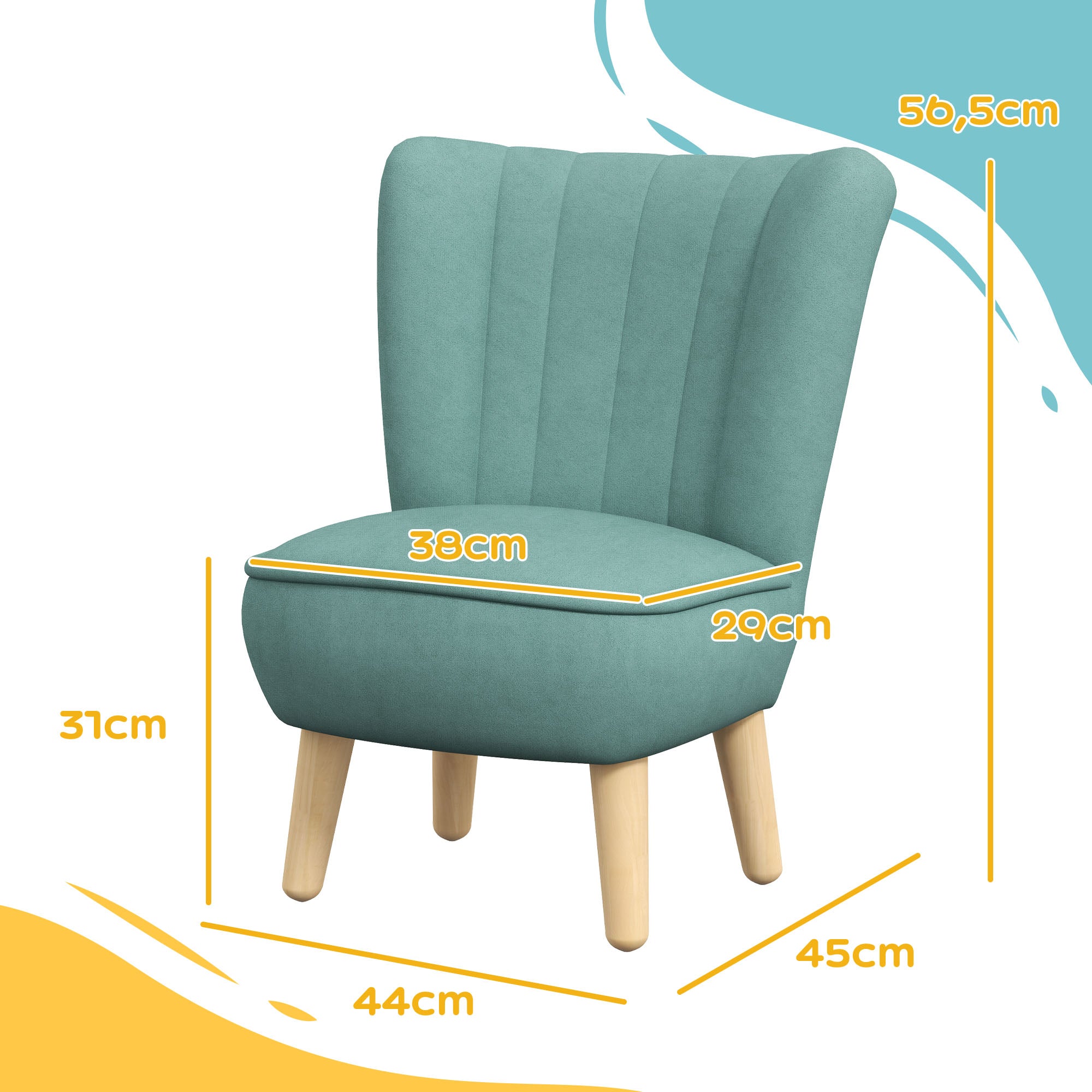 AIYAPLAY Kindersessel, Samtoptik, für 3-7 Jahre, bis 45 kg, Holzgestell, 44x45x56,5cm, Hellblau