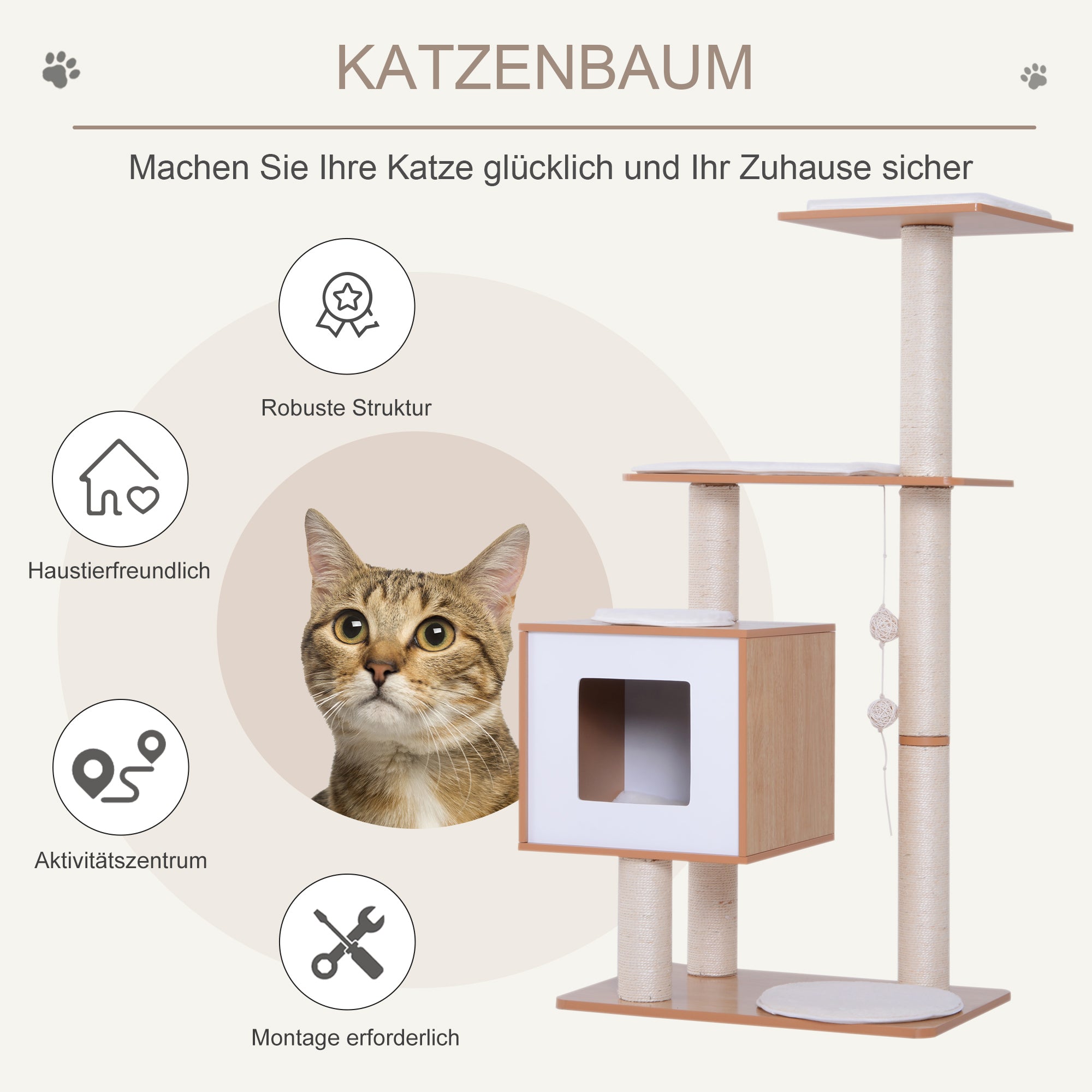 PawHut Katzenkratzbaum Katzenbaum Katzenspielzeug Kletterbaum Sisal Polster Liegefläche mit Ball Natur 71,5 x 49,5 x 120 cm
