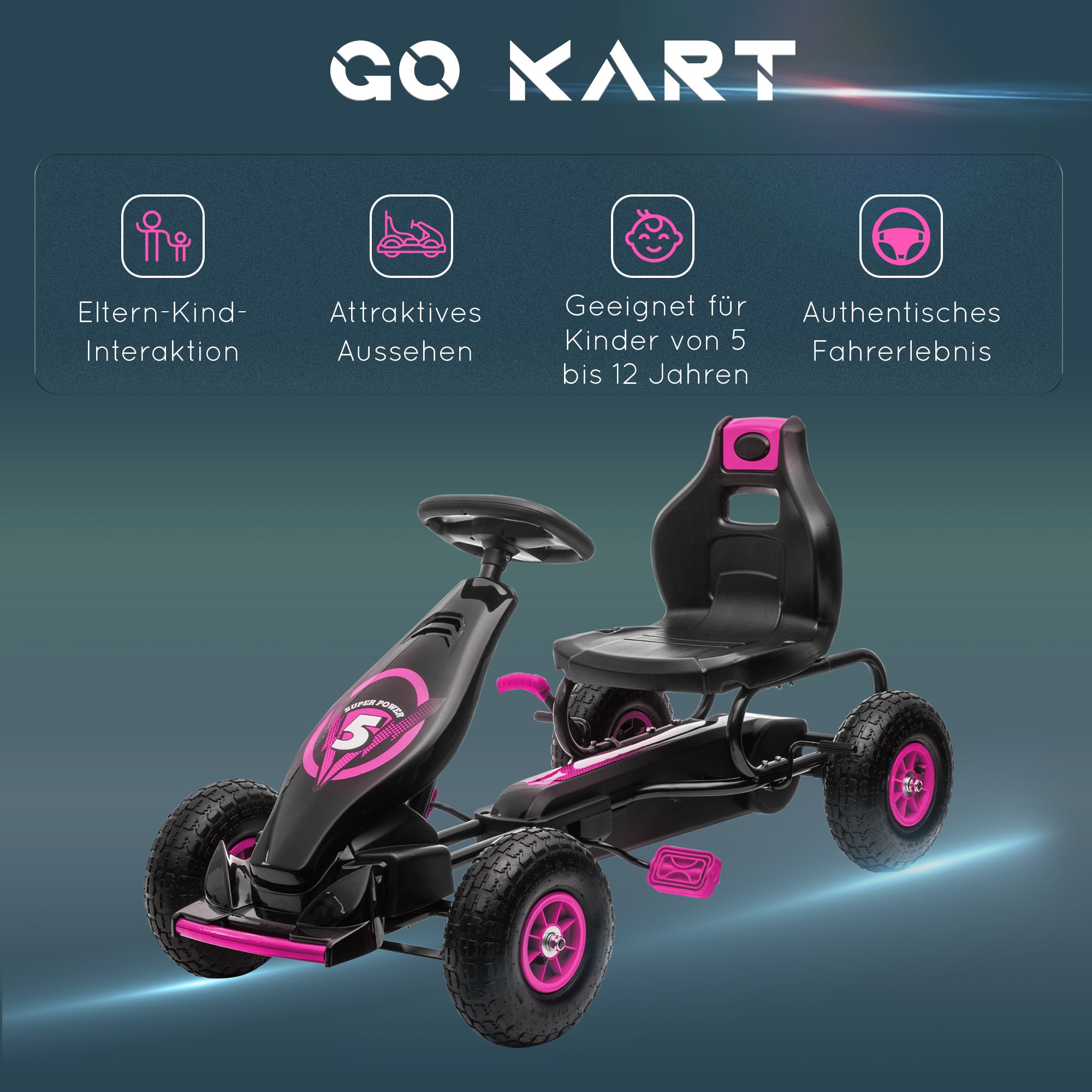HOMCOM Kinder-Gokart, mit Pedalen, verstellbarem Sitz, In- und Outdoor, ab 5 Jahren, Rosa+Schwarz, 121 x 58 x 61 cm