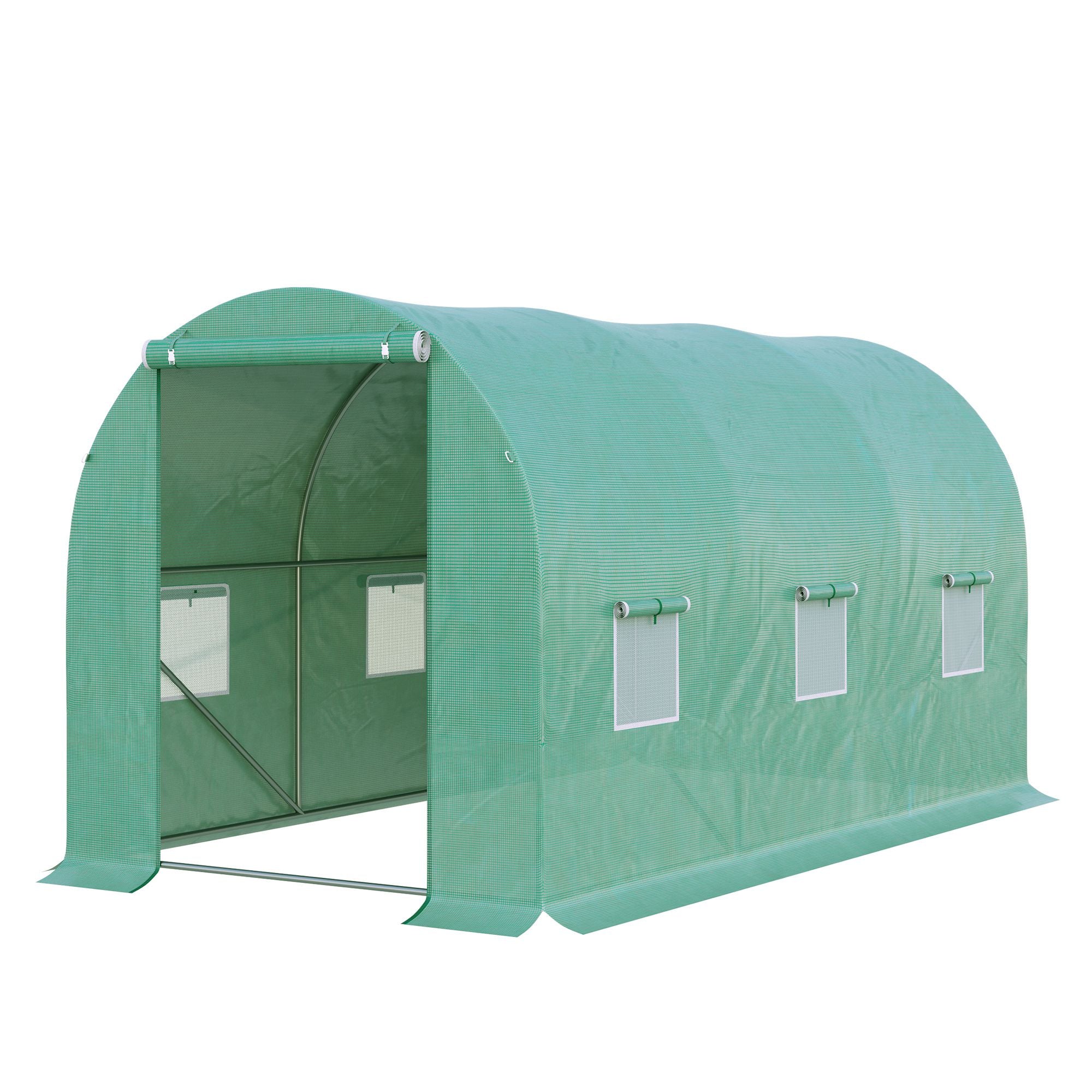 Outsunny Rundbogen-Gewächshaus, 6 Netzfenster, transparente Folie, Metallrahmen, 3,95 x 1,95 x 1,90m, Grün