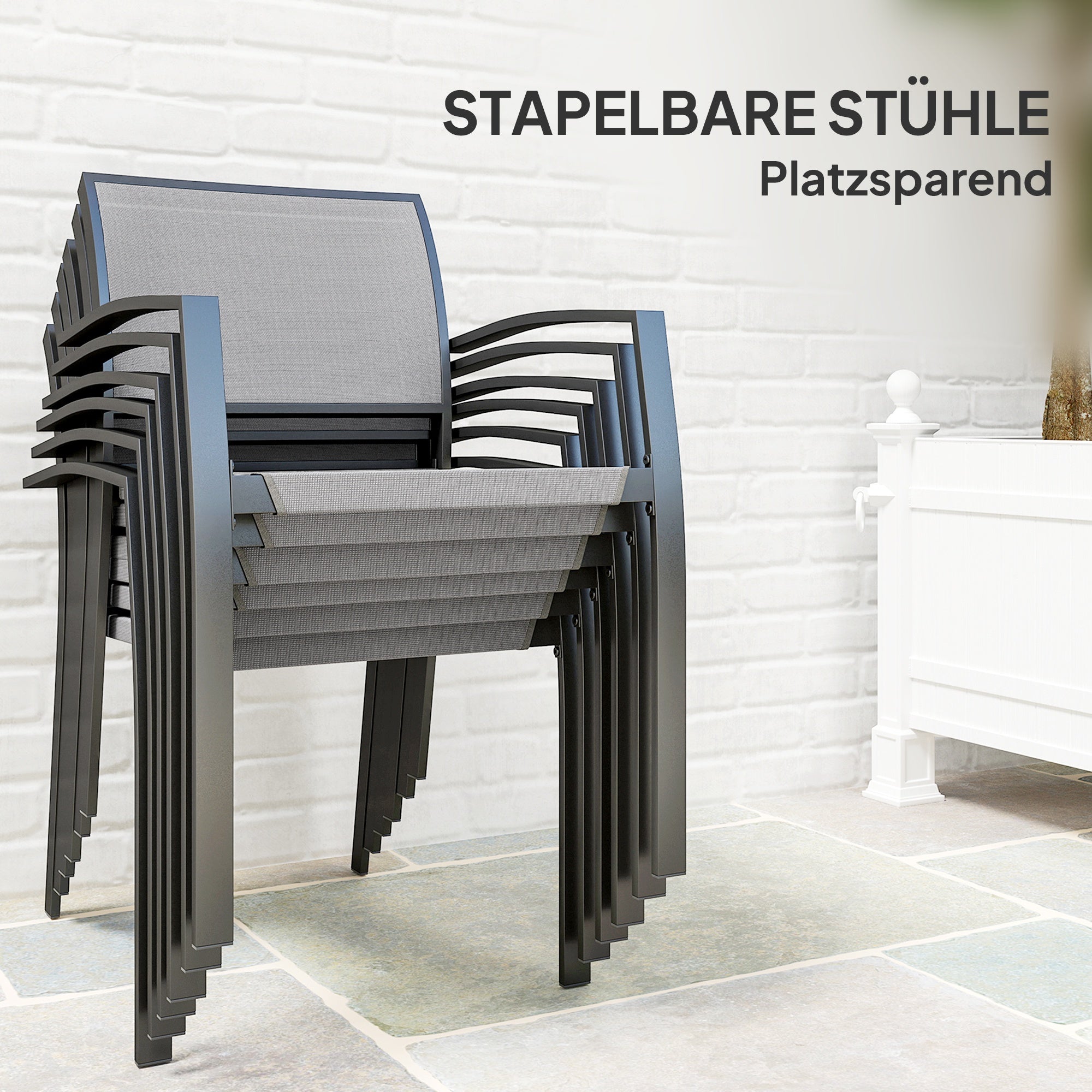 Outsunny 7-teiliges Ess-Set, 6 Stühle, 1 Tisch, stapelbar, leicht zu reinigen, Stahlrahmen, Gartenmöbel-Set, Grau