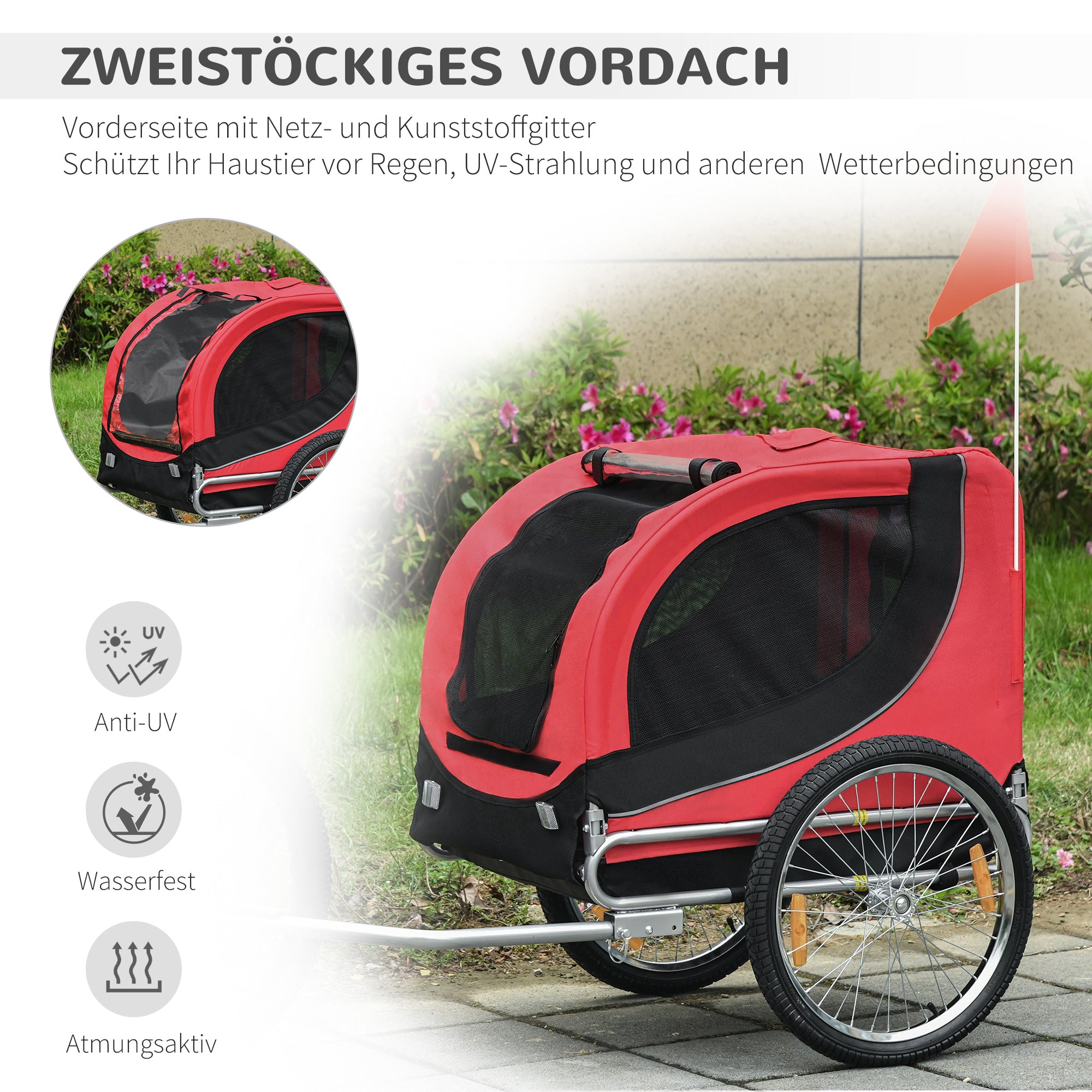 PawHut Fahrradanhänger Hundeanhänger bis 20 kg mit Universalkupplung Stahl Rot+Schwarz