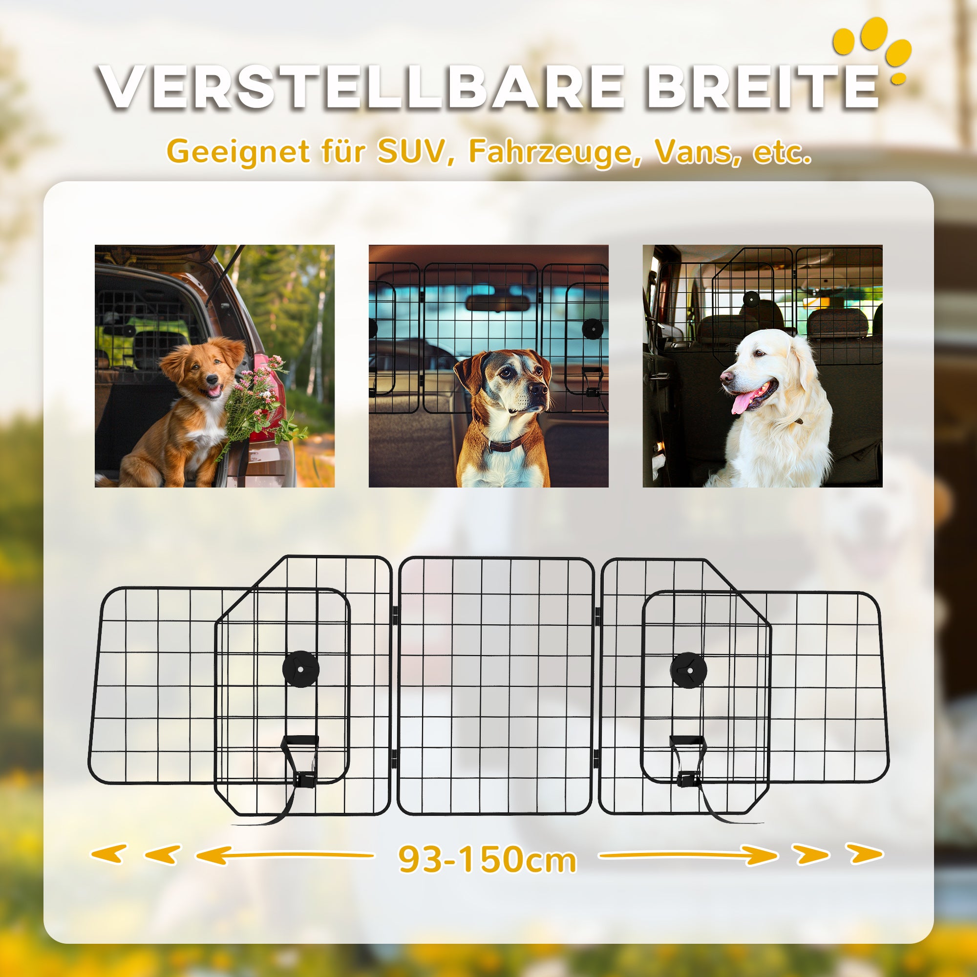 PawHut Autogitter für Hunde, verstellbar 93-150cm, klappbar, einfache Montage, Stahl, Schwarz