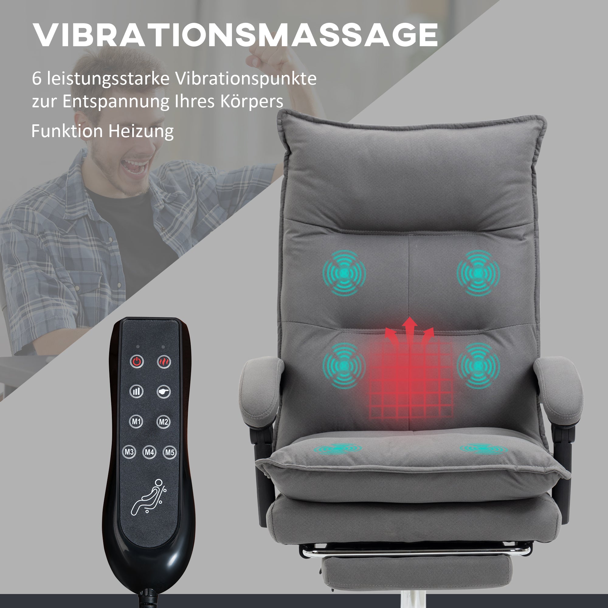 Vinsetto Bürostuhl mit Massagefunktion, Heizfunktion, Fernbedienung, ausfahrbare Fußstütze, neigbar, grau