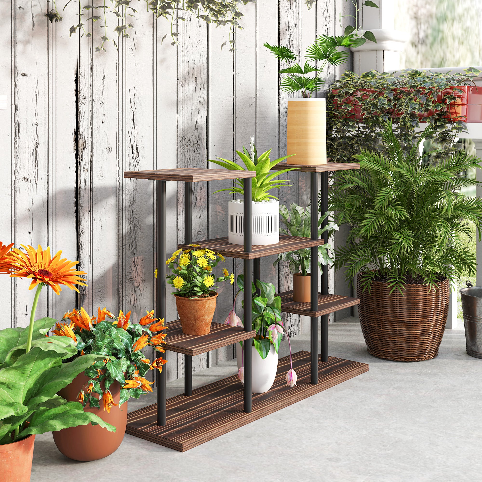 Outsunny Blumenständer mit 4 Ebenen, 4-stufiger Pflanzenständer, Blumentopfhalter für drinnen und draußen, Holz, Stahl