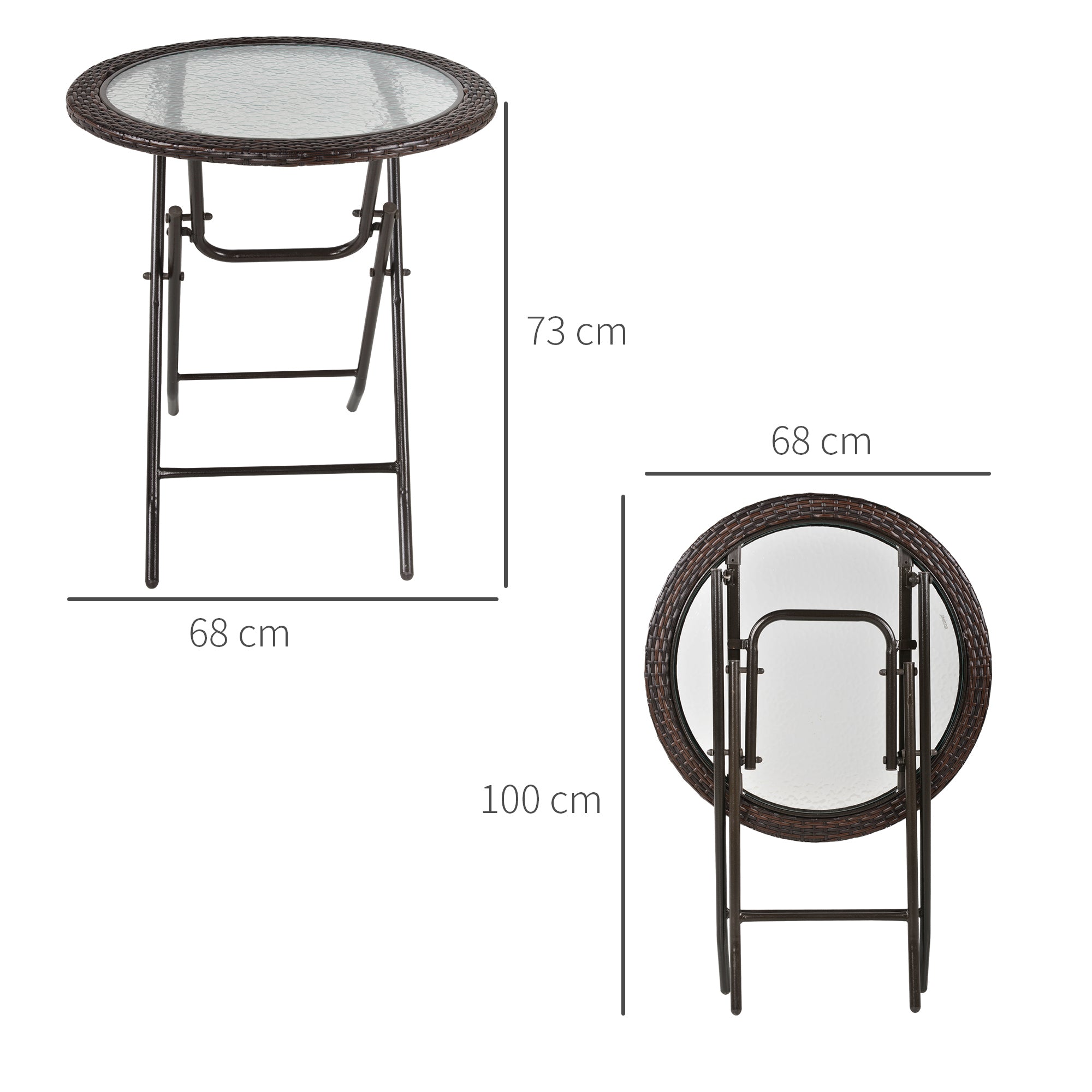Outsunny Gartentisch, klappbar, Hartglastischplatte, Stahlrahmen, Rattan-Dekor, braun, 68 x 68 x 73 cm