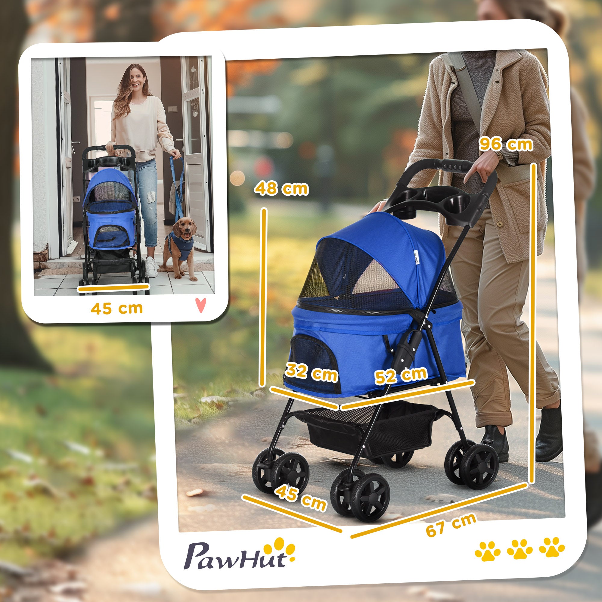 PawHut Hundebuggy Hundewagen bis 4 kg Klappbar Netzfenster Bodenkorb Becherhalter abnehmbares Dach blau 67 x 45 x 96 cm