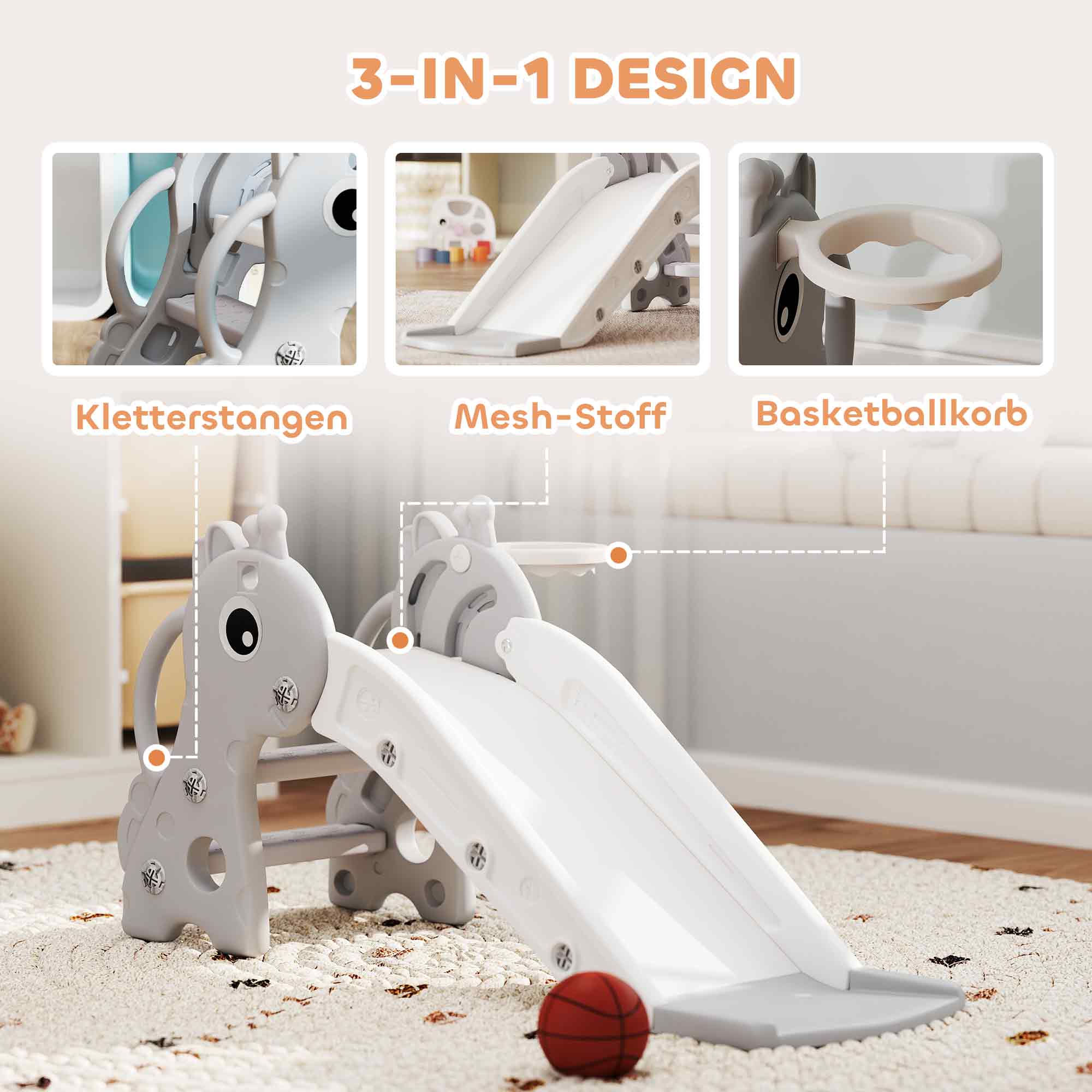 AIYAPLAY 3-in-1 Rutsche für Kinder, Giraffenform, Basketballkorb, Ball, Grau