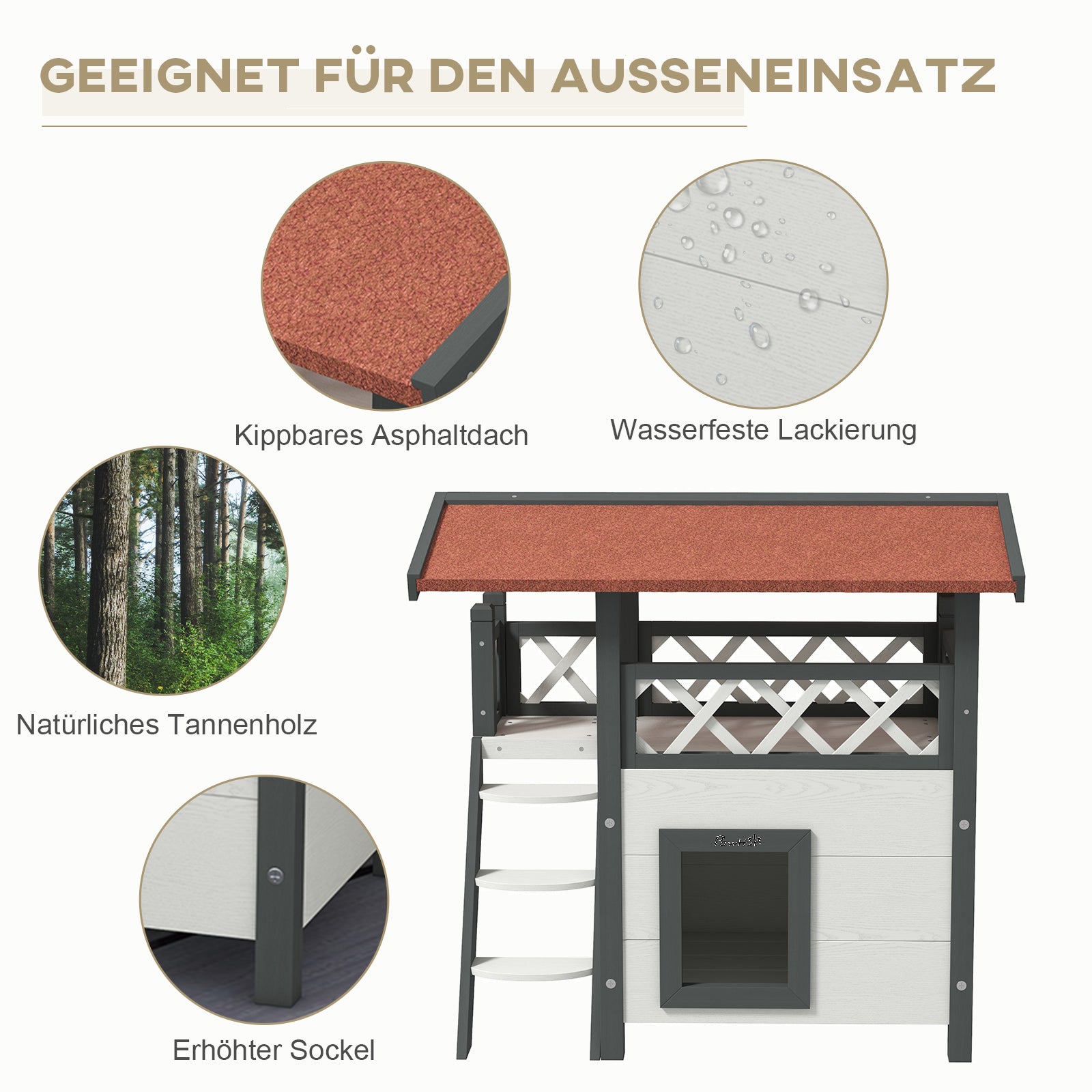 PawHut Katzenhaus Katzenhütte Haustierhütte, Asphaltdach, 2 Ebenen, 1 Leiter, Weiß+Rot