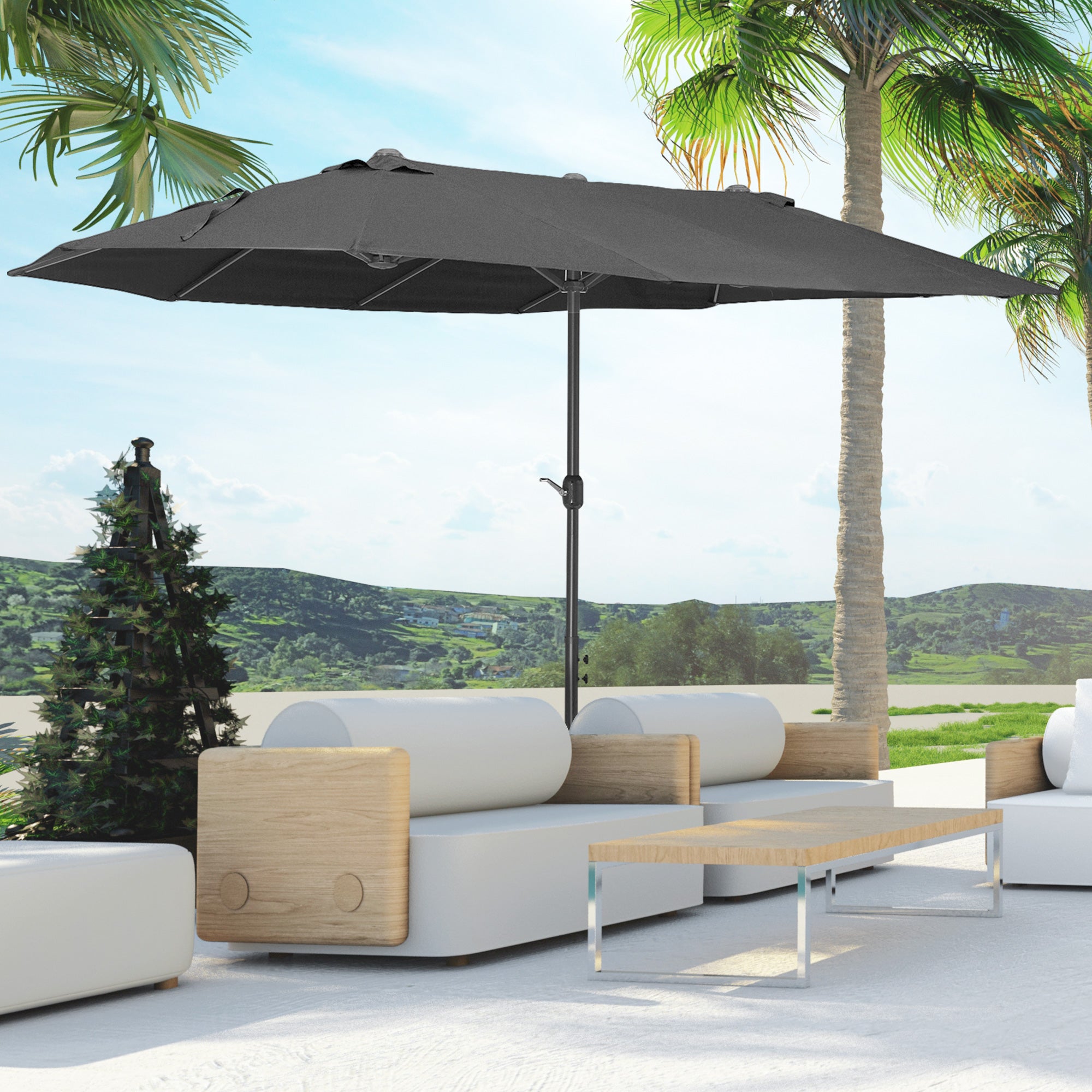 Outsunny Doppelsonnenschirm 455 x 270 cm Gartenschirm mit Handkurbel oval stabil Metallstange Marktschirm Doppelsonnenschirm Terrassenschirm Sonnenschutz für Strand Balkon Terrasse Garten Schwarz
