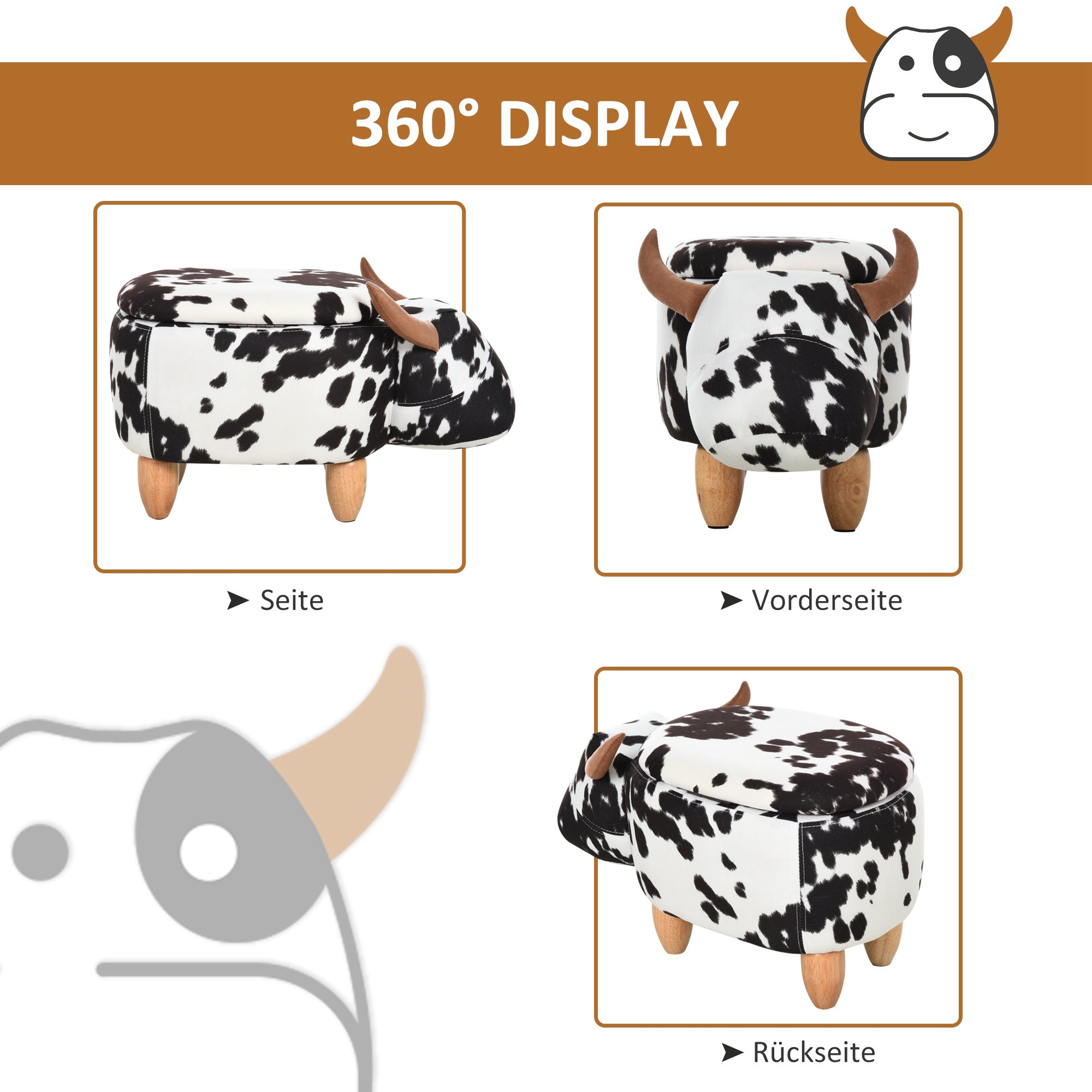 HOMCOM Tierhocker, Dekohocker mit Stauraum, Polsterhocker, Sitzhocker, Sitzbank mit Tier-Design, für Wohnzimmer, Schweinchen Fußbank, Schwarz+Weiß, 62 x 35 x 36 cm