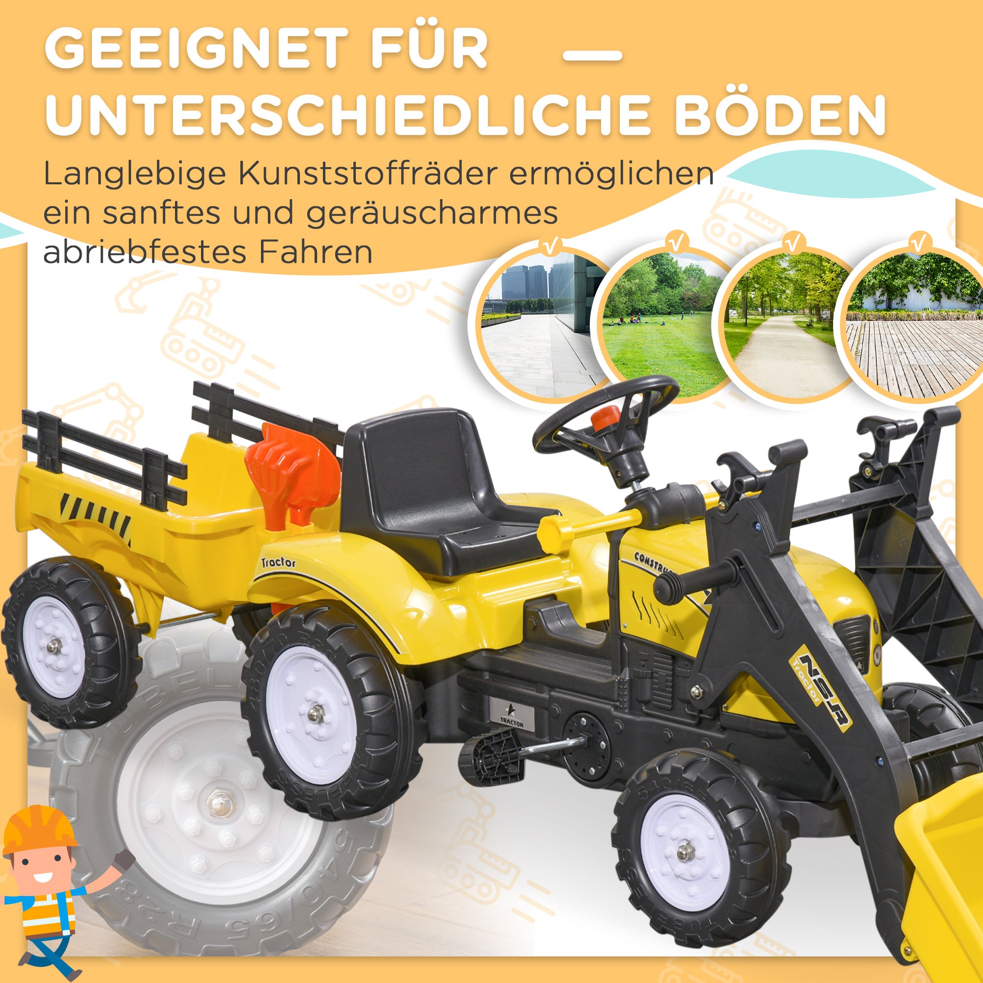 HOMCOM Kinderradlader, steuerbarer Frontlader, ab 3 Jahren, Pedalantrieb, Gelb/Schwarz