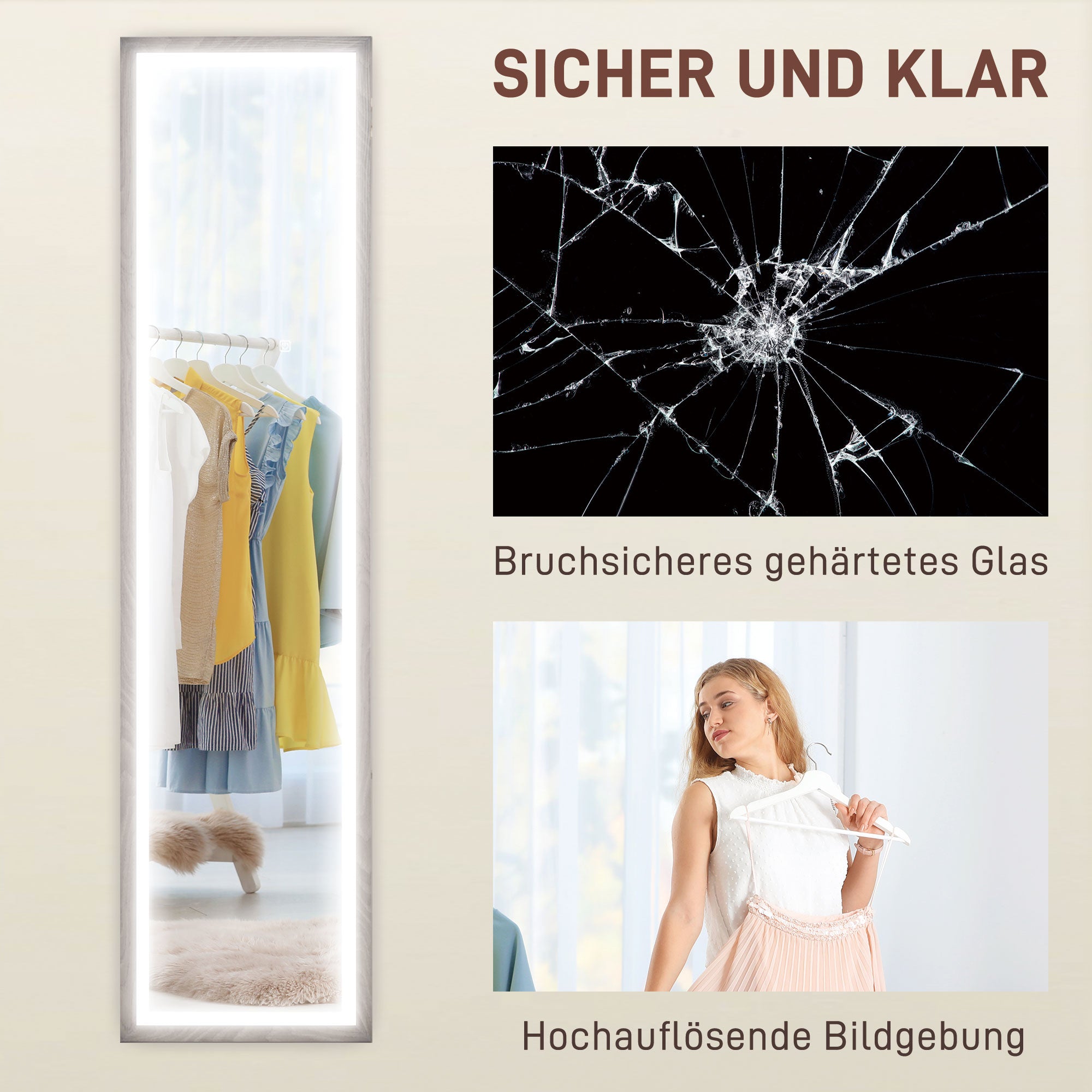 HOMCOM LED Ganzkörperspiegel, 40 x 160 cm, Touch-Steuerung, dimmbar, 3 Farben,  Grau