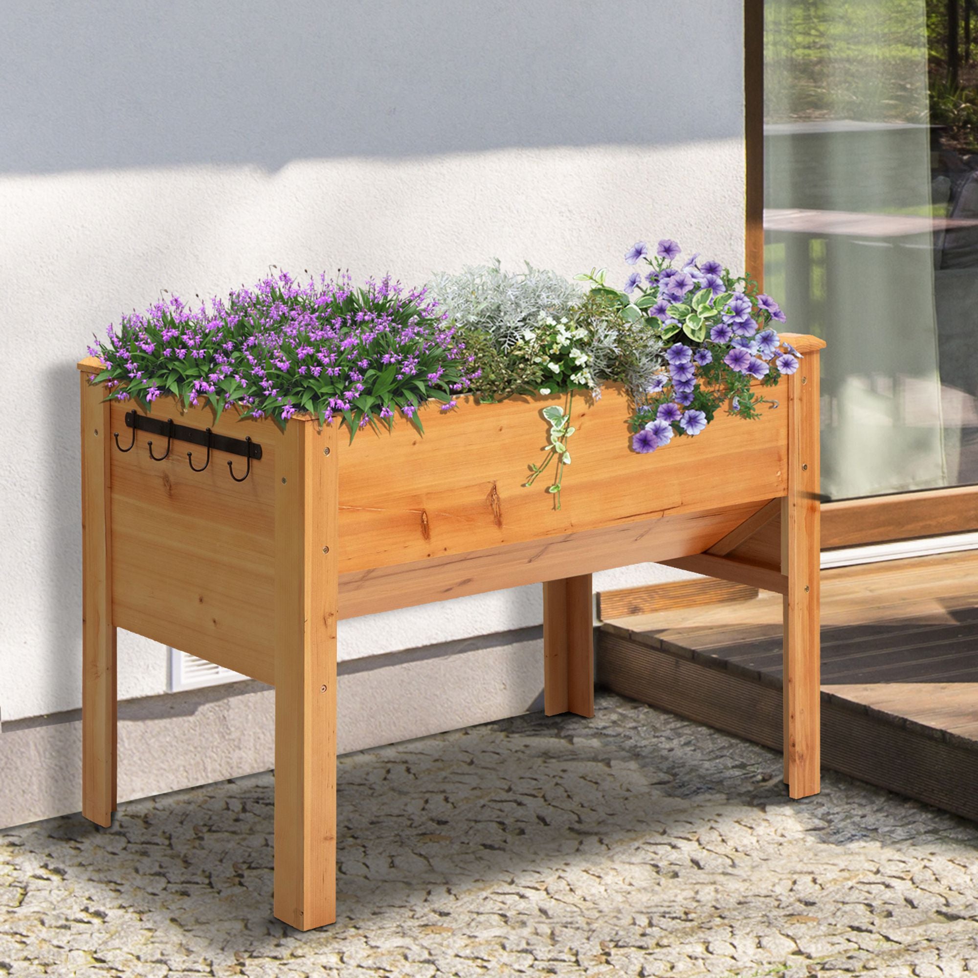 Outsunny Hochbeet aus Holz Kräuterbeet Pflanzkasten mit Abflussloch Haken Blumenkasten mit Füßen Massivholz Natur 120 x 60 x 81 cm