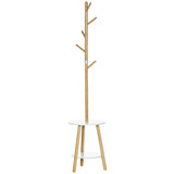 HOMCOM Garderobenständer mit Beistelltisch im Skandi-Design, 5 Kleiderhaken, 39, 5 cm x 39,5 cm x 171 cm, Natur + Weiß
