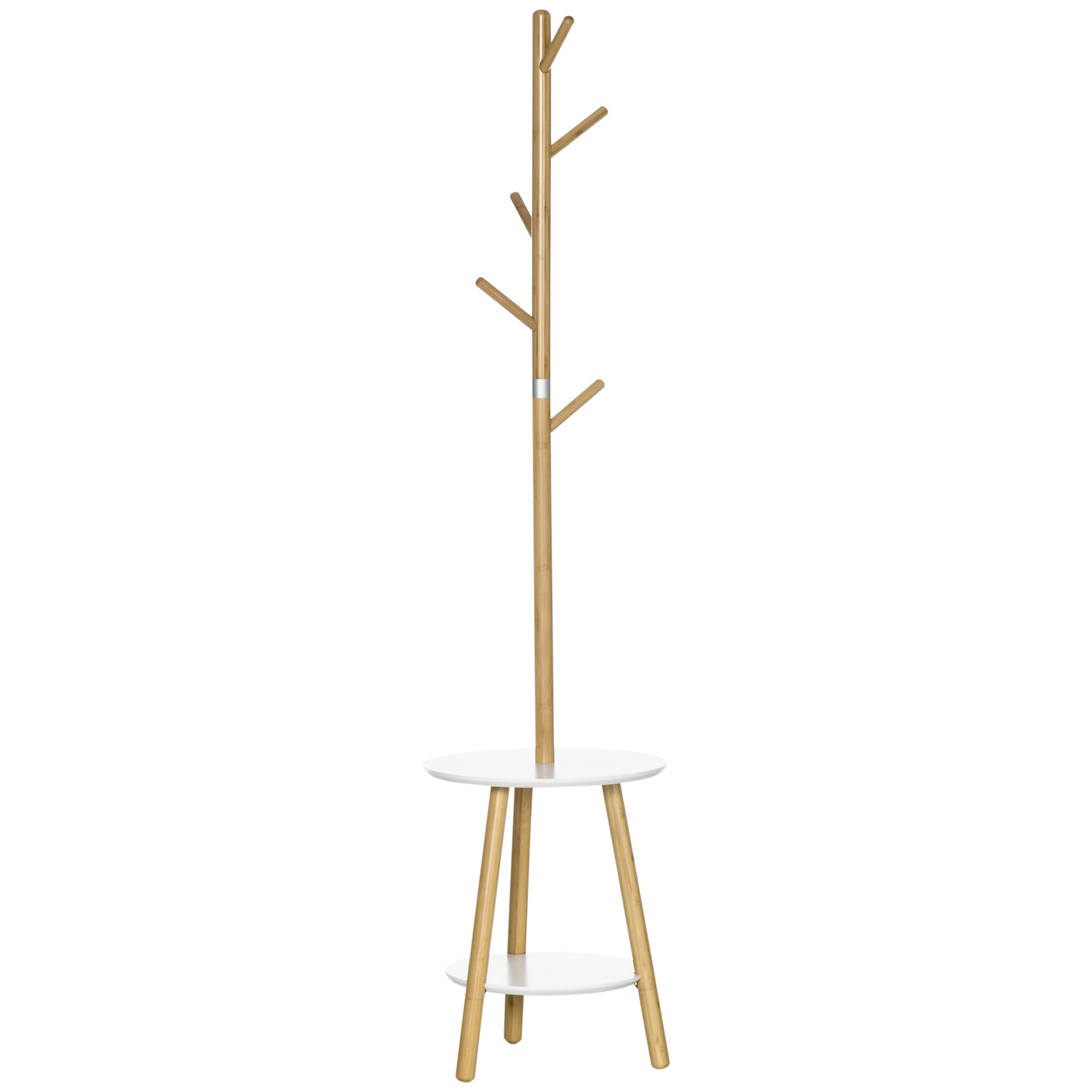 HOMCOM Garderobenständer mit Beistelltisch im Skandi-Design, 5 Kleiderhaken, 39, 5 cm x 39,5 cm x 171 cm, Natur + Weiß