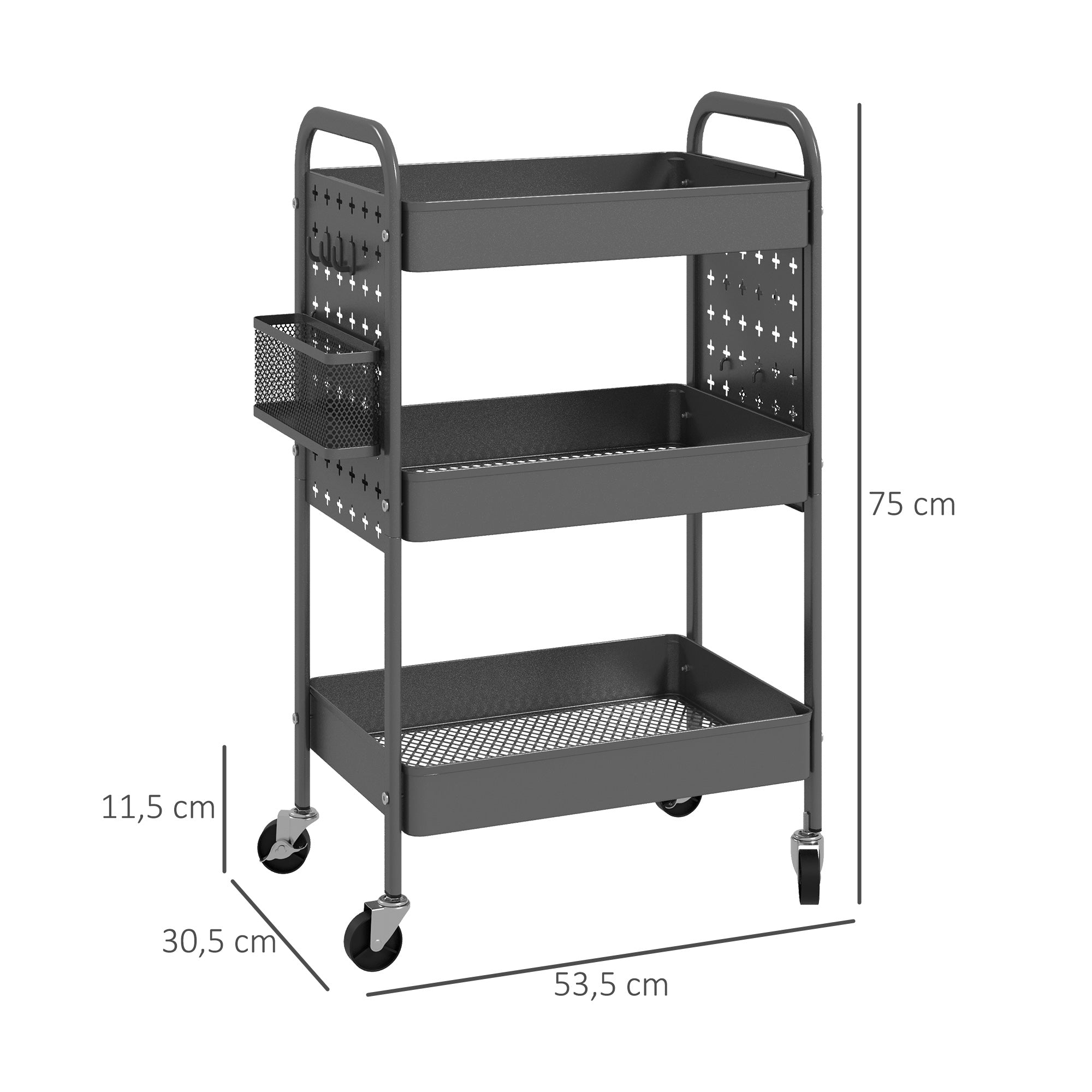 HOMCOM Mehrzweckwagen Rollwagen Küchenwagen, 3 Regale, 4 Rollen, 53,5 cm x 30,5 cm x 75 cm, Grau