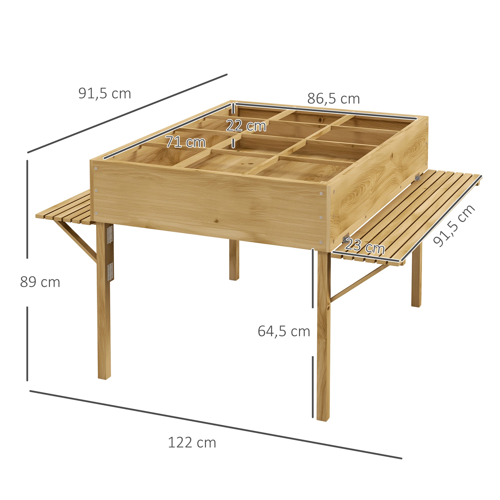 Outsunny Hochbeet mit 12 Trenngittern, klappbare Seitenregale, wetterfest, Tannenholz, 122 x 91,5 x 89 cm