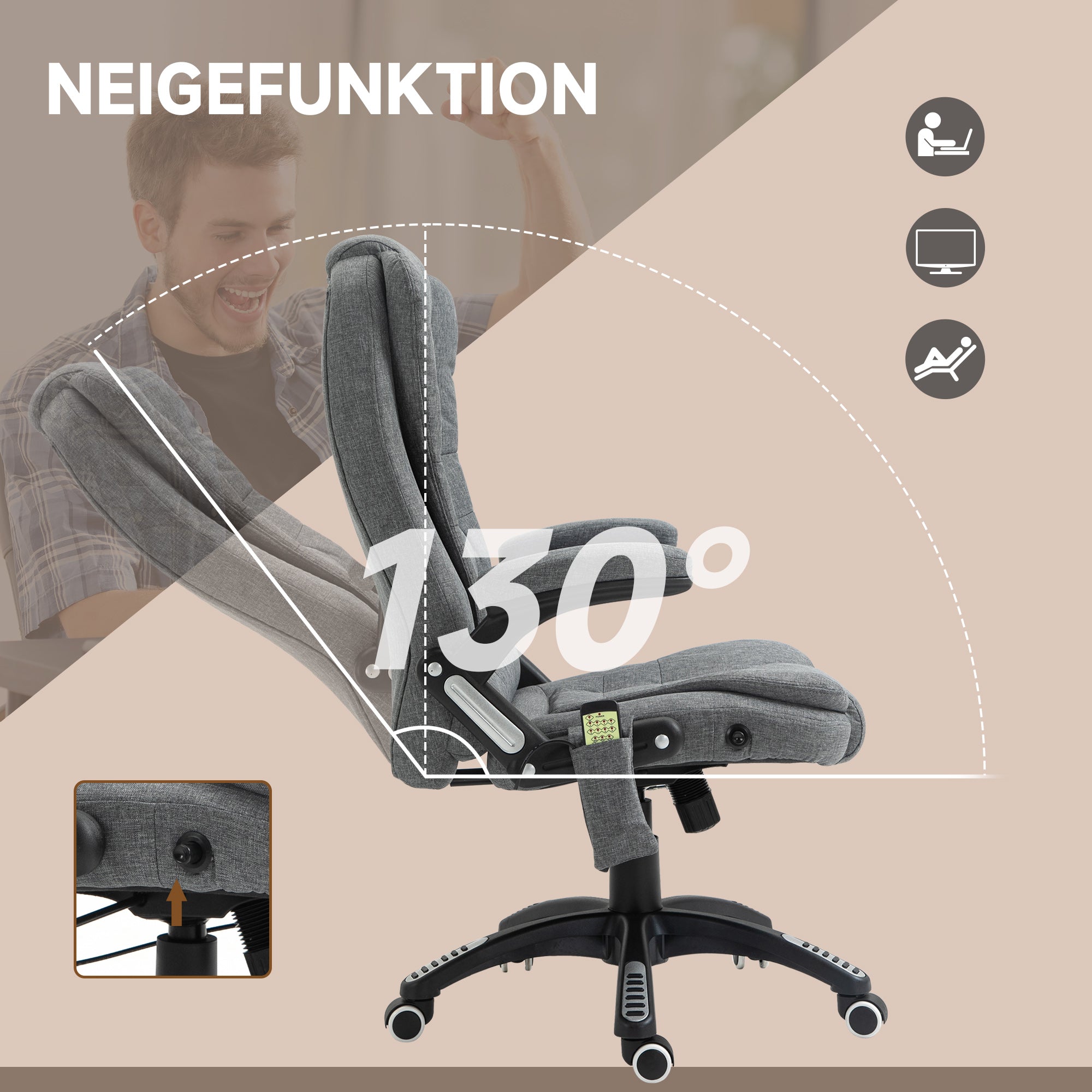 Vinsetto Bürostuhl  Massagesessel mit Wärmefunktion, Ergonomischer Chefsessel, Höhenverstellbarer Drehstuhl, Gamingstuhl mit Massage, Dunkelgrau, 68 x 72 x 110–120 cm