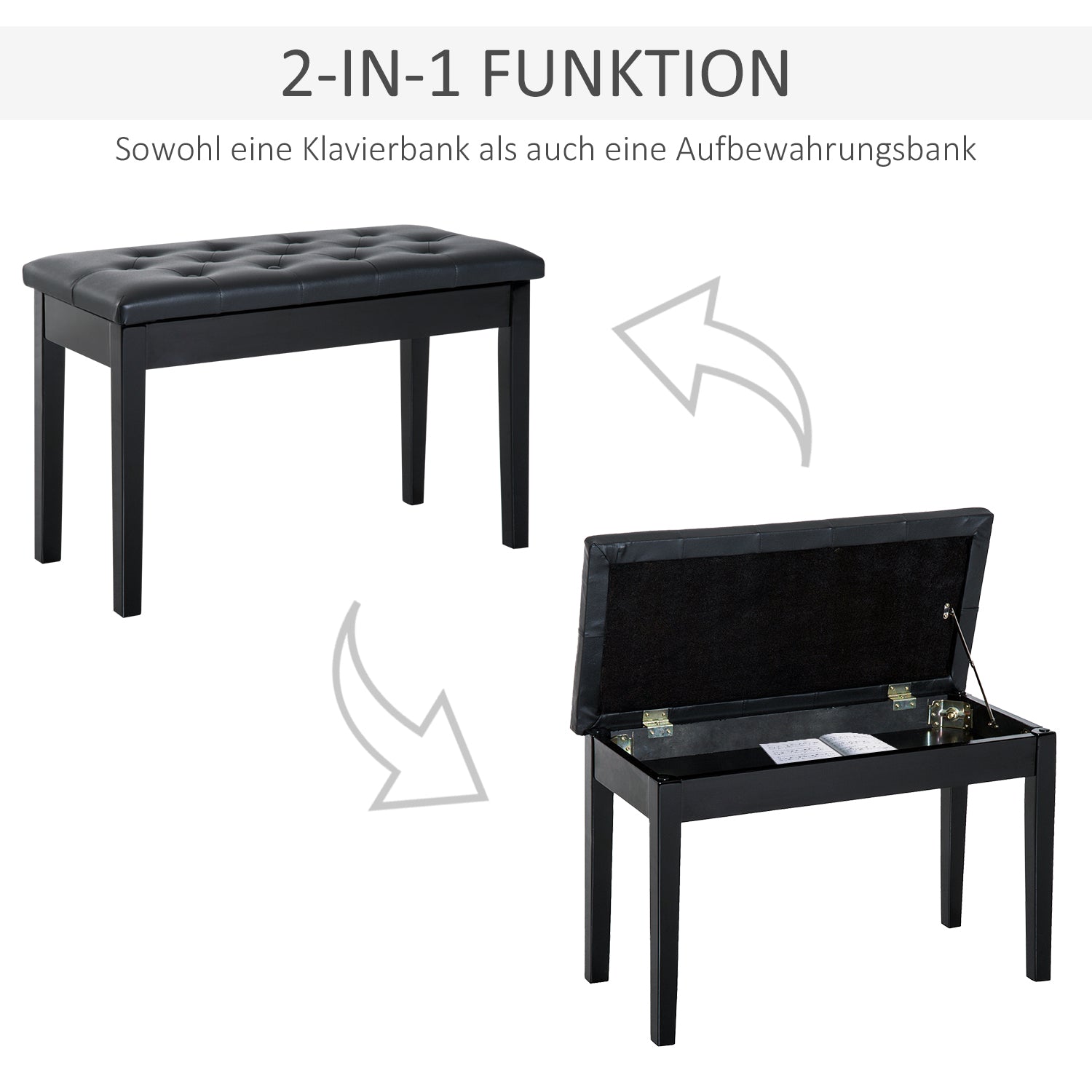 HOMCOM Klavierhocker, Klavierbank mit Verstecktem Stauraum, Klavierstuhl mit Kunstleder Kissen, Pianobank, Massivholz Keyboardbank für Piano, Keyboard, 76 x 36 x 50 cm, Schwarz