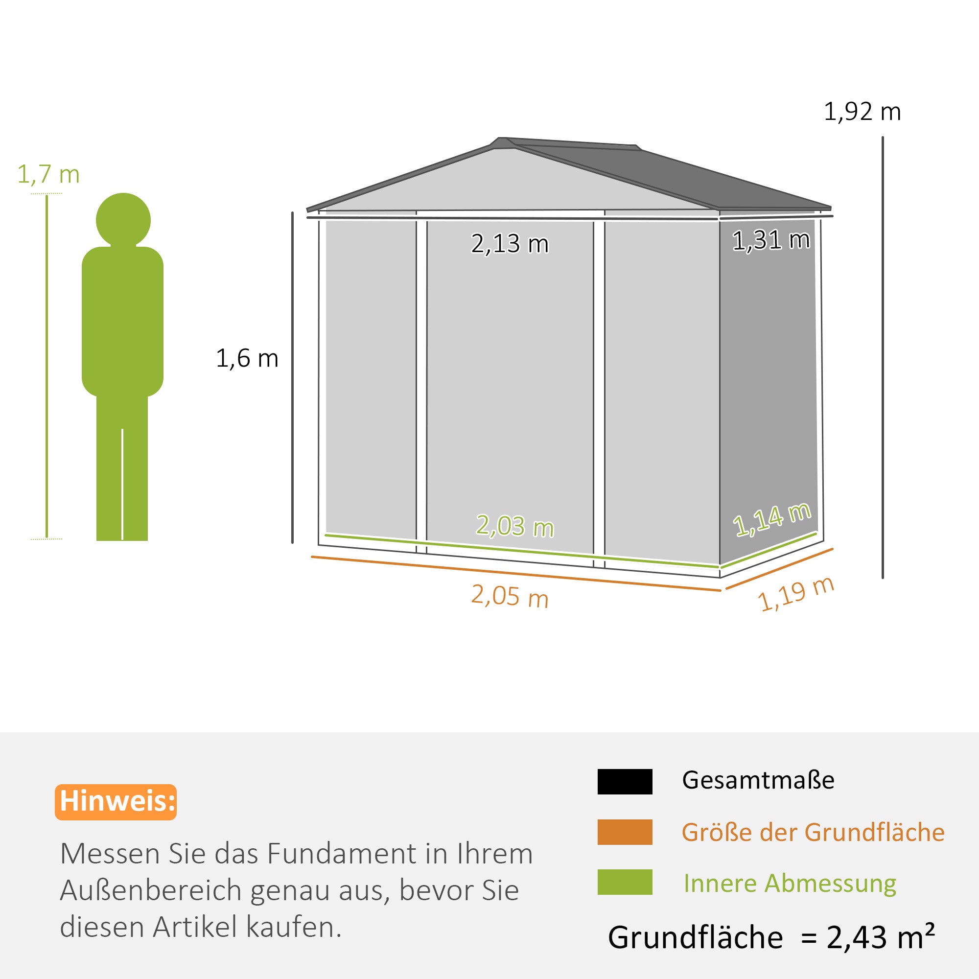 Outsunny 2,43 ㎡ Gerätehaus, 213 x 131 x 192 cm Geräteschuppen mit Satteldach, Abschließbare Schiebetür, wetterfest, Grau