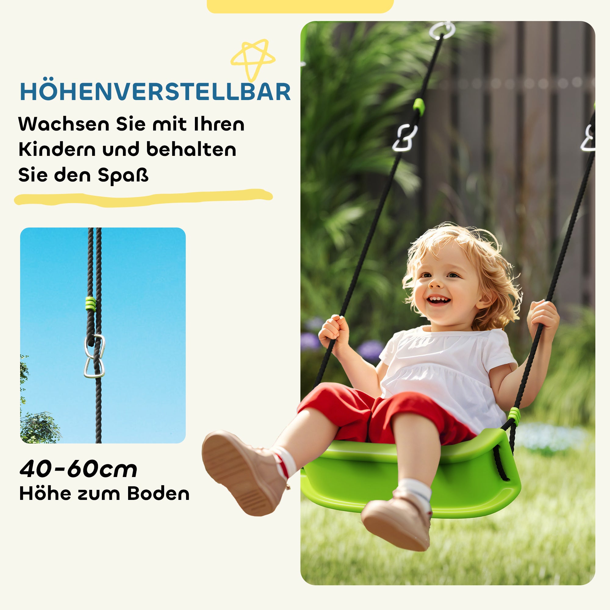 AIYAPLAY Schaukelset für Kinder, 2 Schaukelsitze, 1 Basketballkorb, 1 Fußballtor, Metallrahmen, Grün