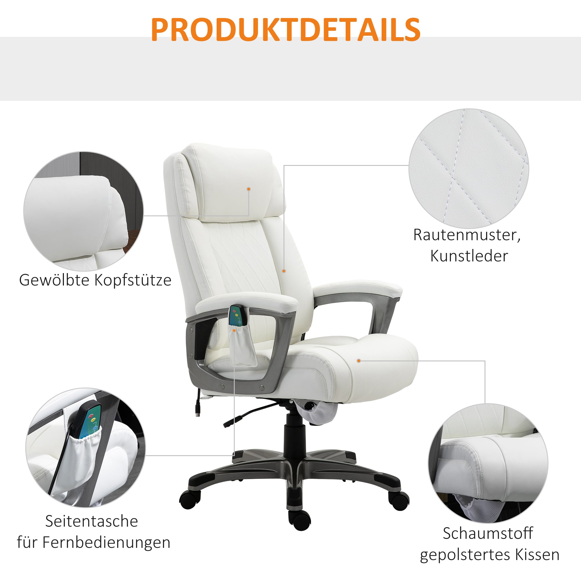 Vinsetto Massage-Bürostuhl 6-Punkt-Massage-Drehstuhl ergonomischer Stuhl Einstellbare aus Kunstleder mit gewölbter Kopfstütze und Armlehne Weiß 70 x 76,5 x 114-124 cm