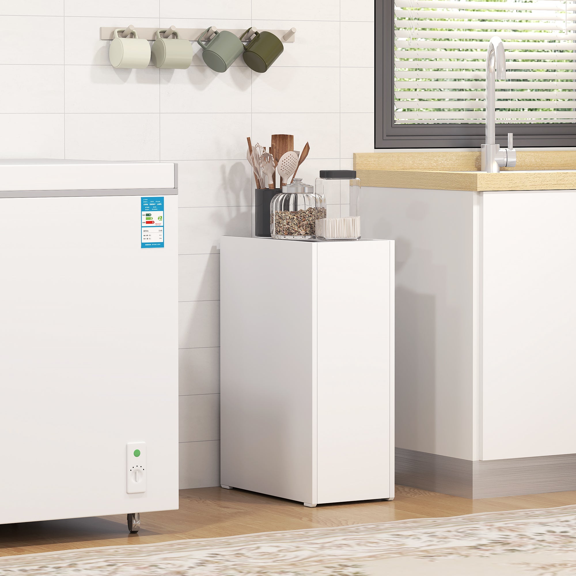 HOMCOM Schmaler Badezimmerschrank, Bodenschrank mit tiefer Schublade, Freistehender Badschrank, Spanplatte, Weiß