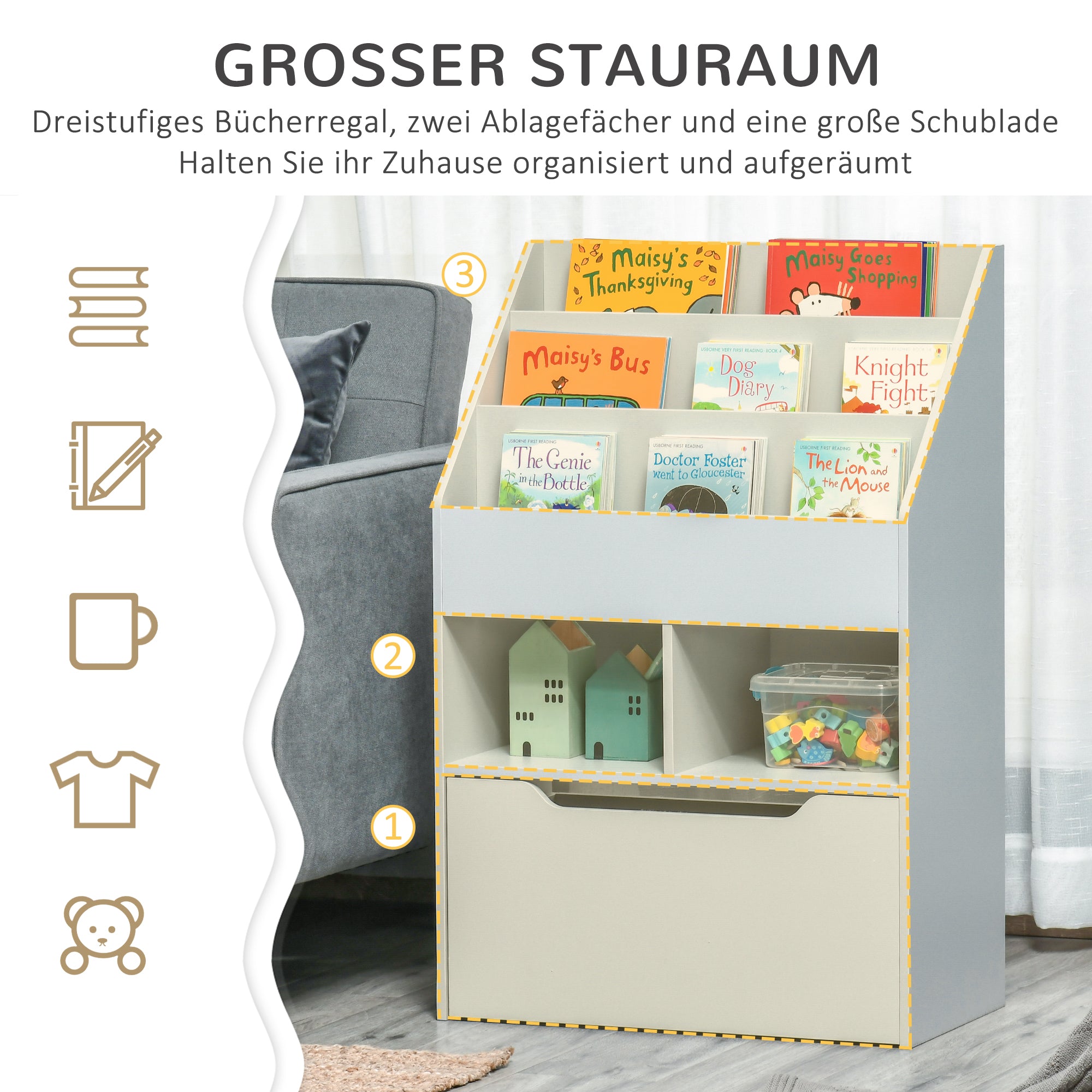 HOMCOM Kinderregal mit Schublade, Bücherregal mit Fächern, 60 x 29,9 x 90 cm, Grau