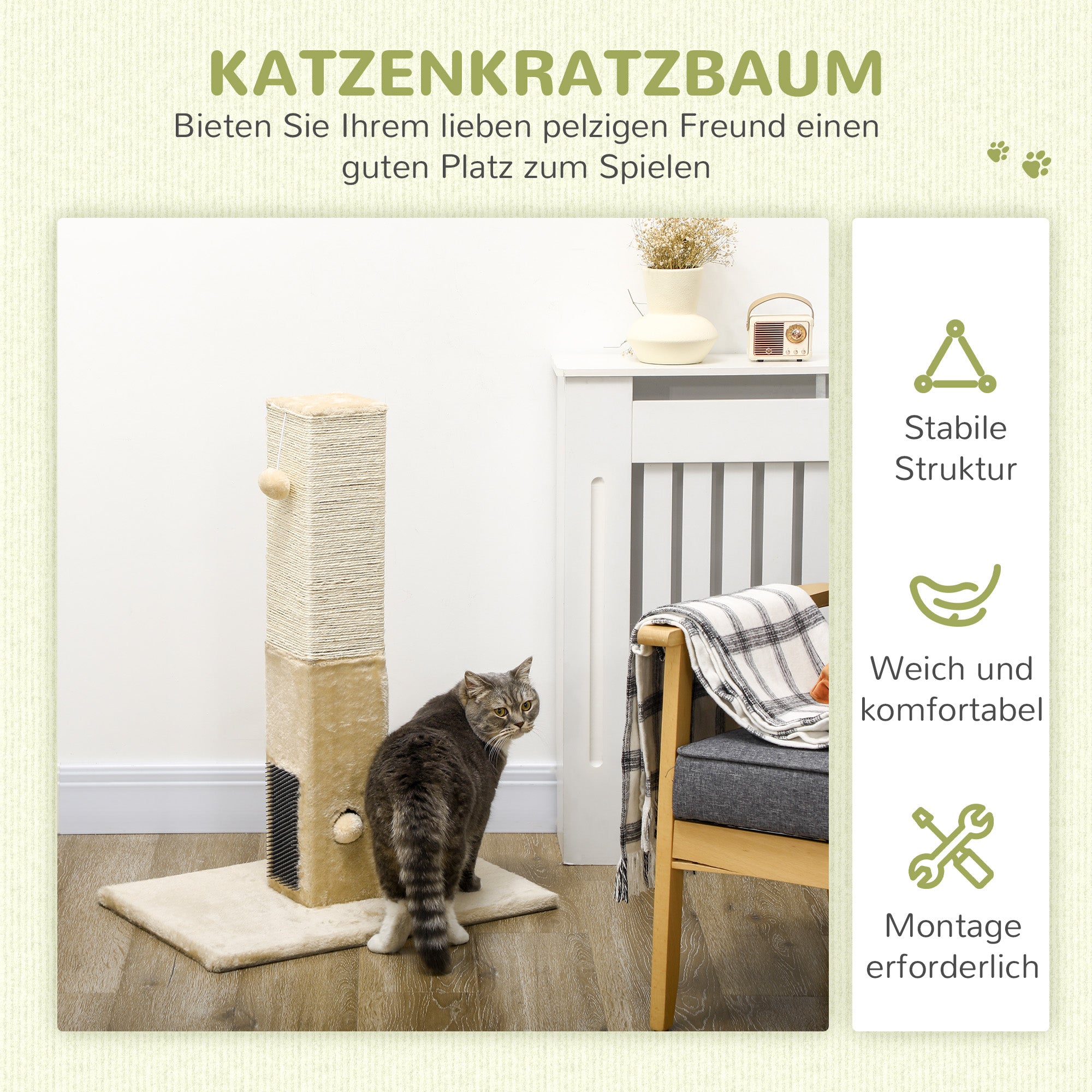 PawHut Kratzbaum für Katzen, Kratzsäule, 79 cm Katzenbaum mit Juteseil, inklusive Spielzeug, Plüsch, Beige