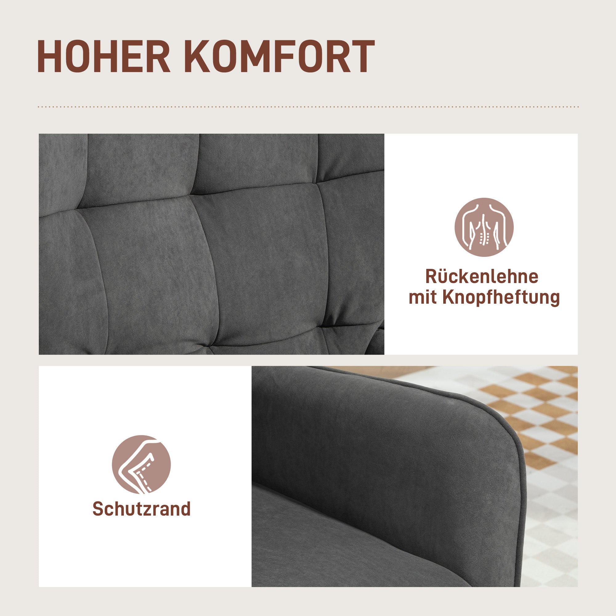 HOMCOM Polstersessel, Wohnzimmersessel mit Steppung, weicher Bezug in Samtoptik, bis 120 kg, Grau