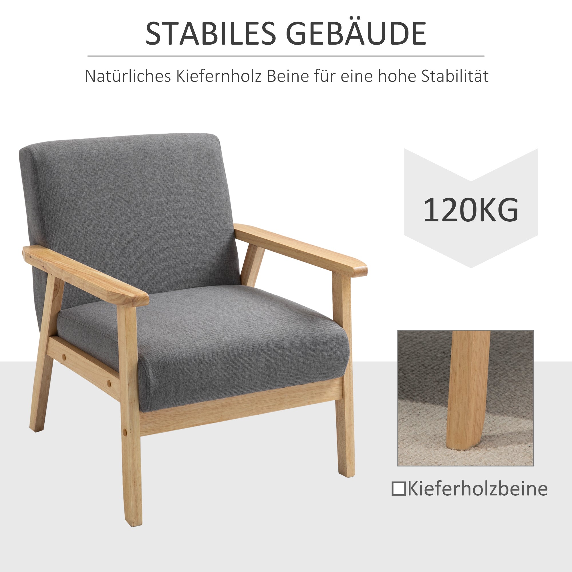 HOMCOM Sessel im Skandi-Design, Akzentsessel, Massivholz, Leinenoptik, 64 cm x 70 cm x 72 cm, Grau + Natur